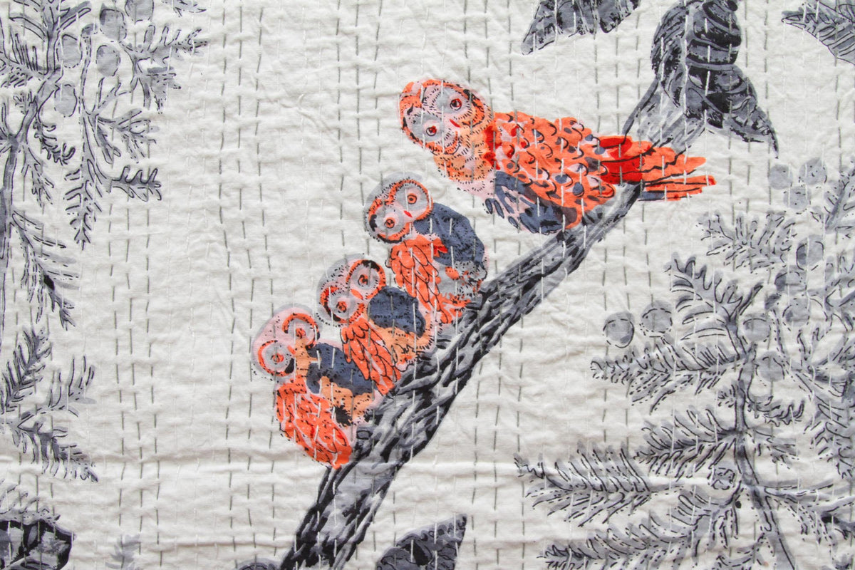 Indian Cotton Kantha Quilt Single Bed Bedspread - Owl Family
