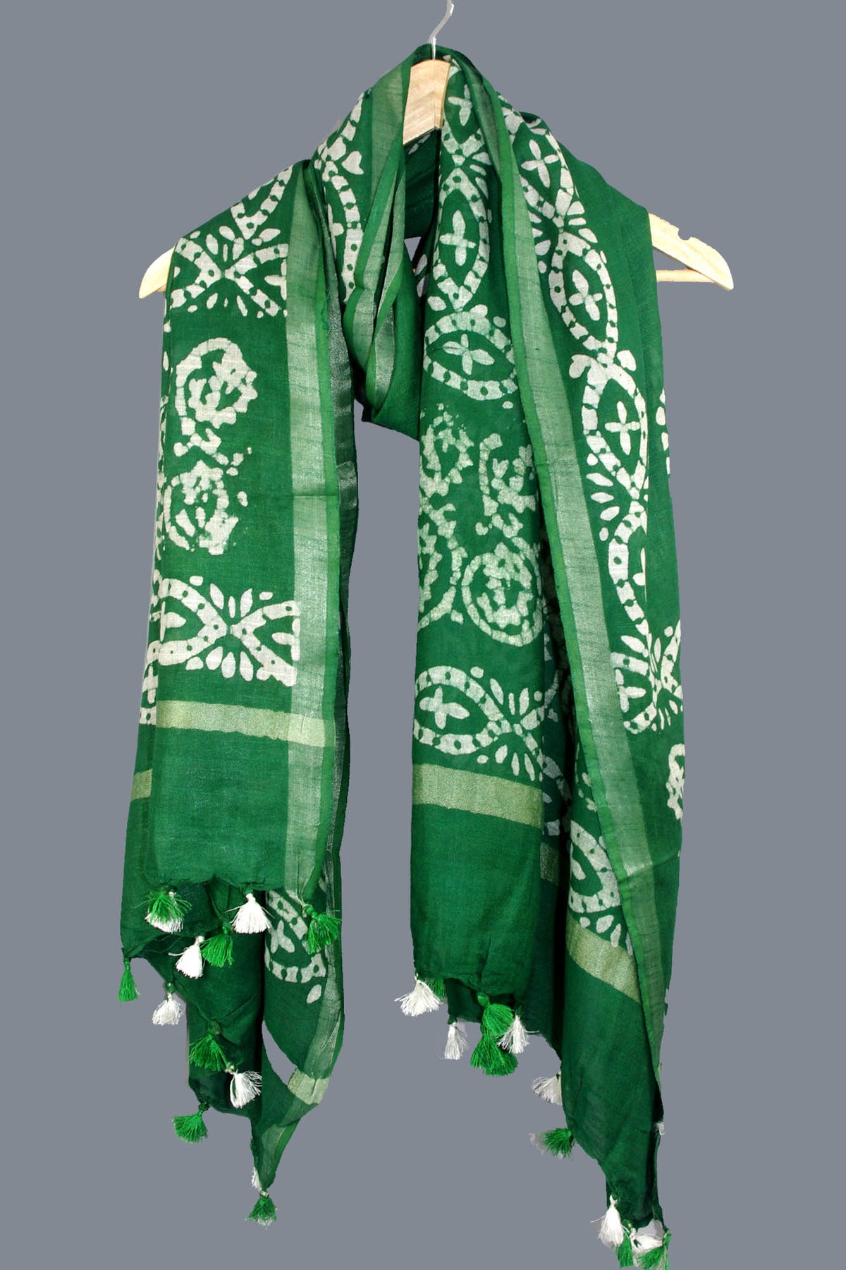 Linen Scarf / Stole with Tussle  - Green Batik Print