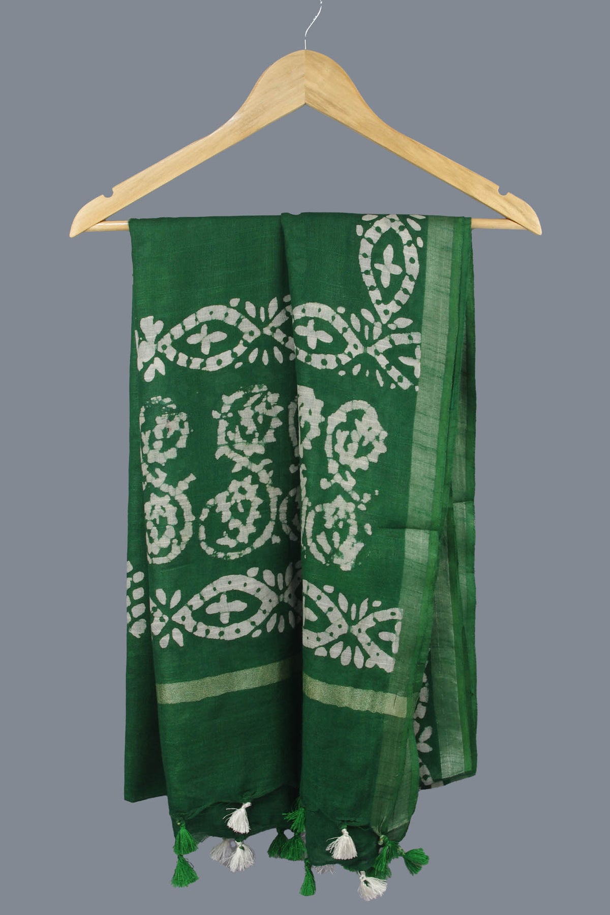 Linen Scarf / Stole with Tussle  - Green Batik Print