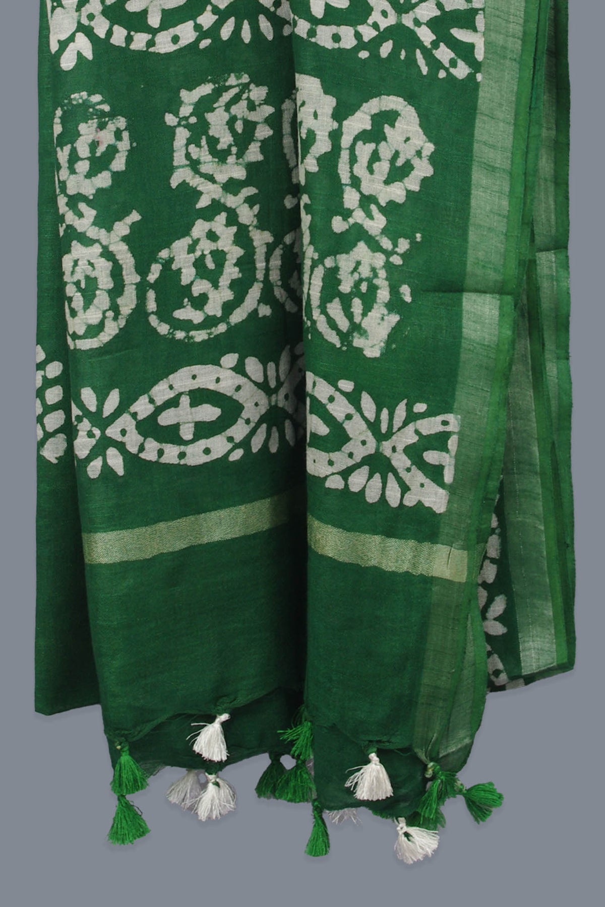 Linen Scarf / Stole with Tussle  - Green Batik Print