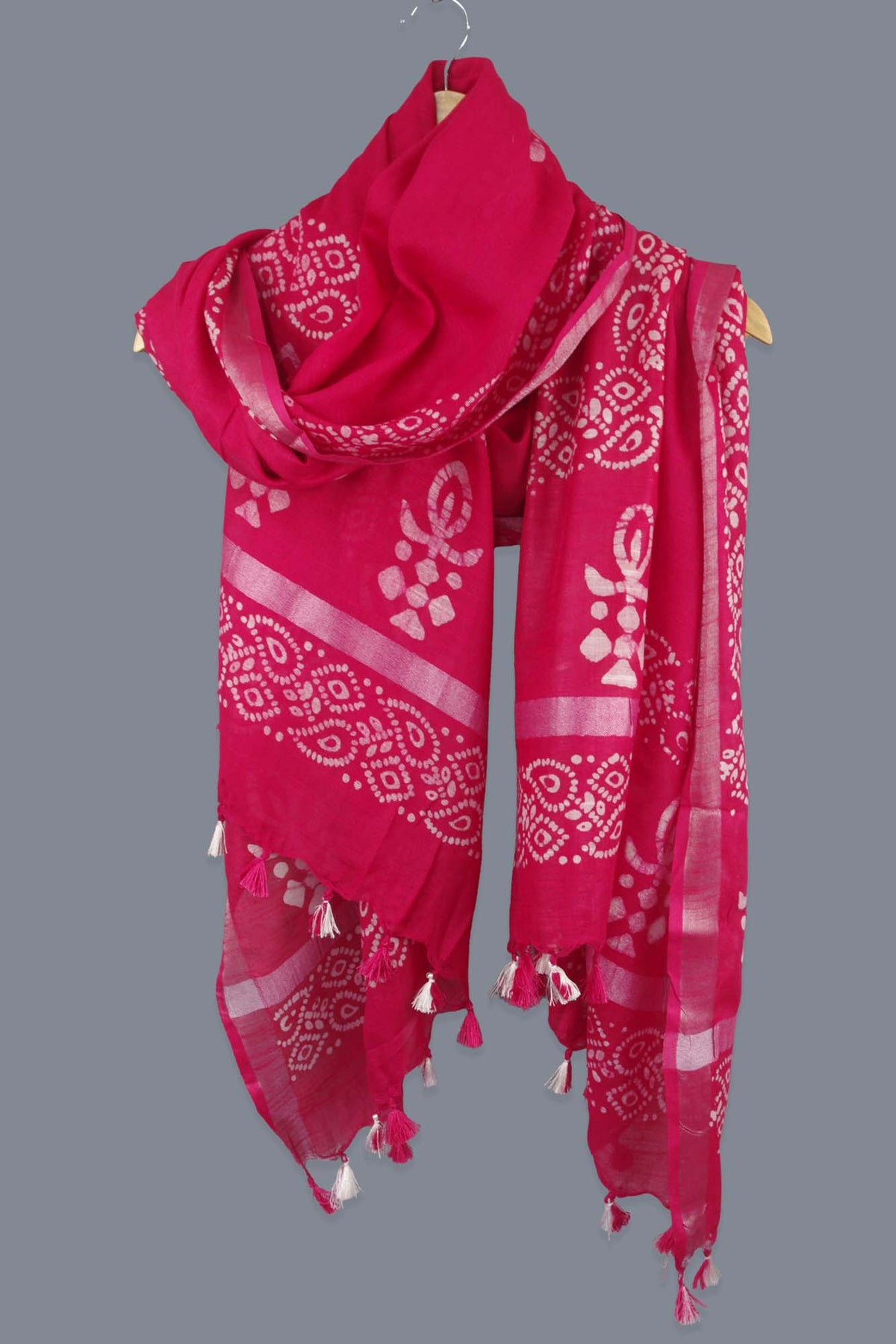 Linen Scarf / Stole with Tussle  -  Hot Pink White Batik Print