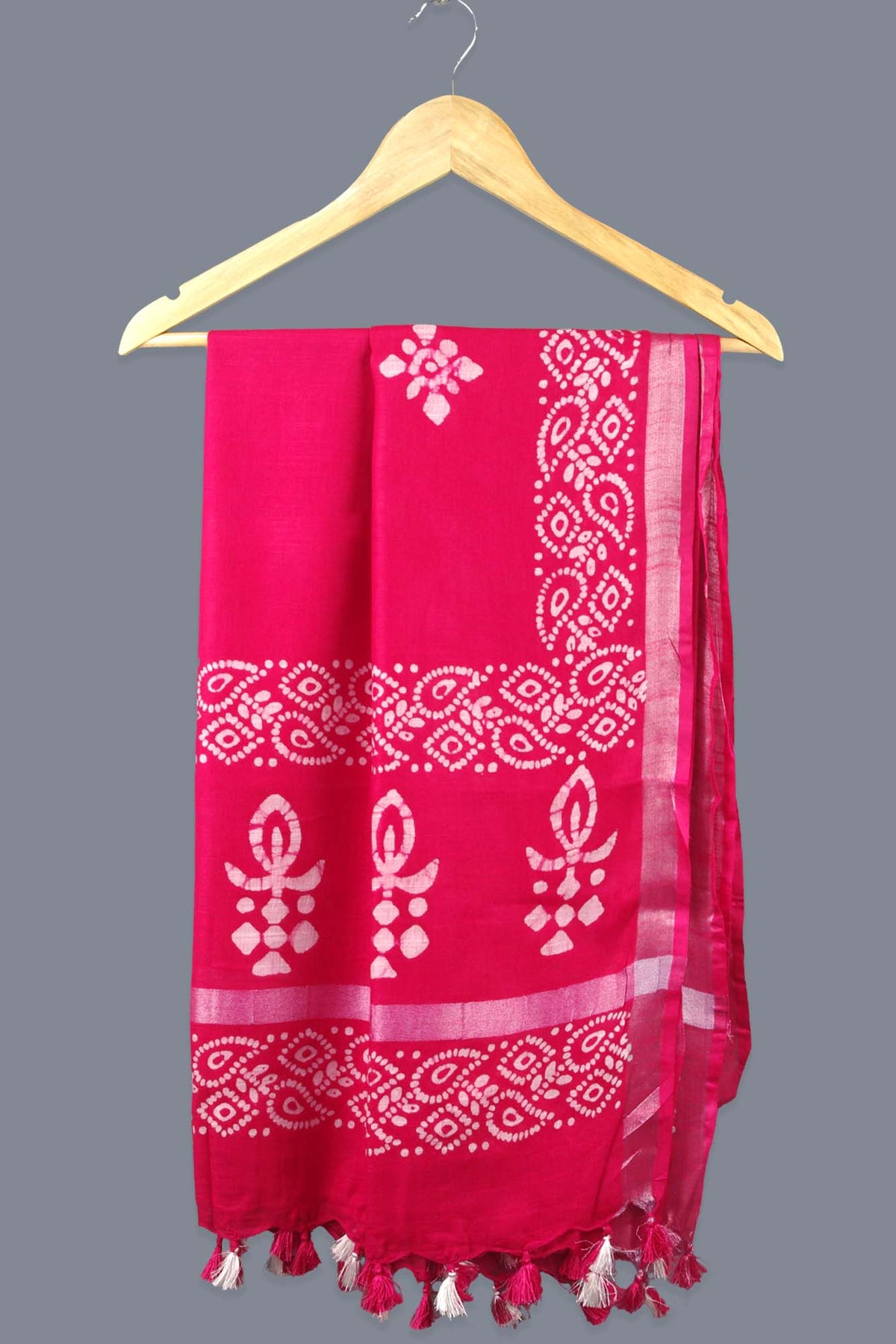 Linen Scarf / Stole with Tussle  -  Hot Pink White Batik Print