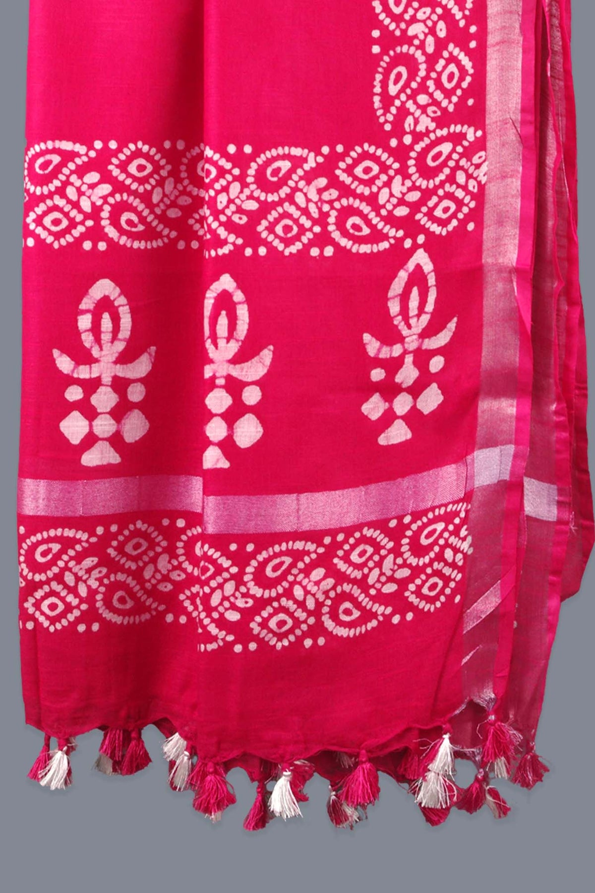 Linen Scarf / Stole with Tussle  -  Hot Pink White Batik Print