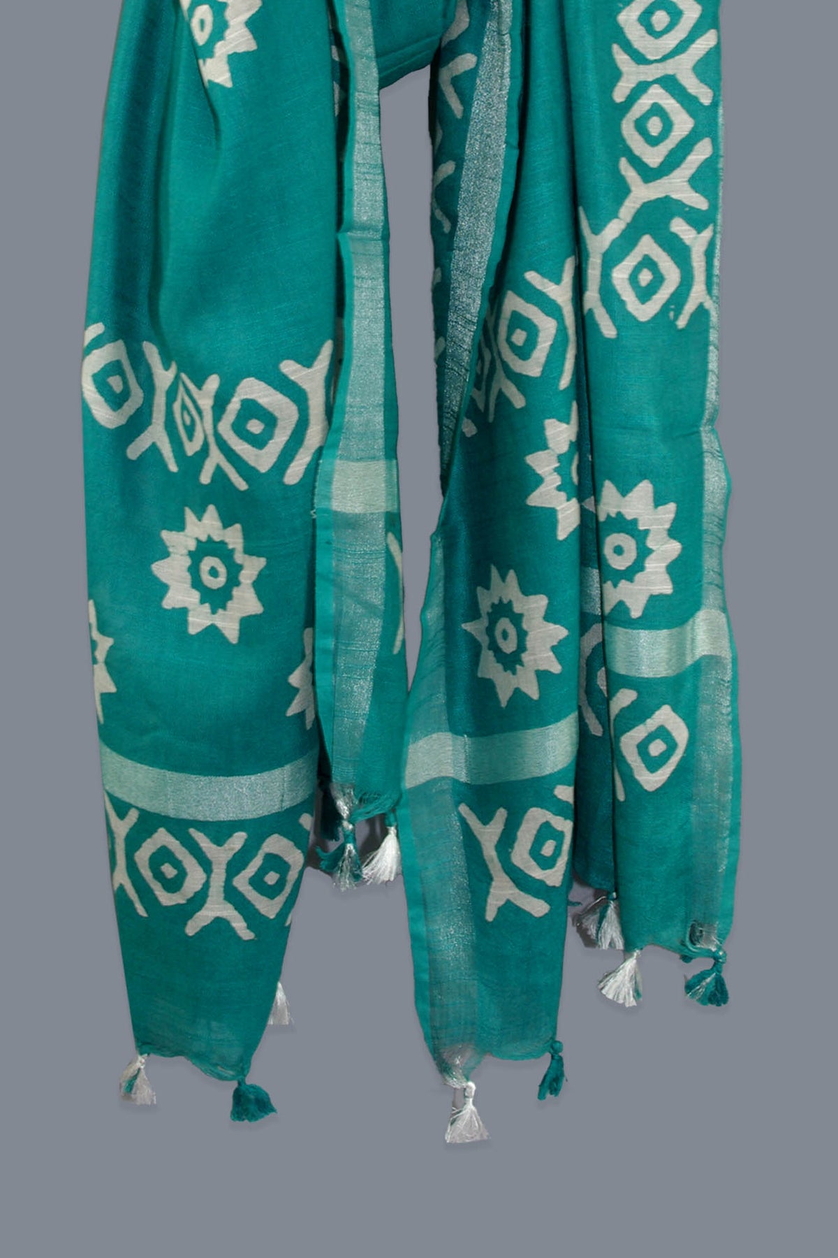 Linen Scarf / Stole with Tussle  -  Teal Green White Batik Print