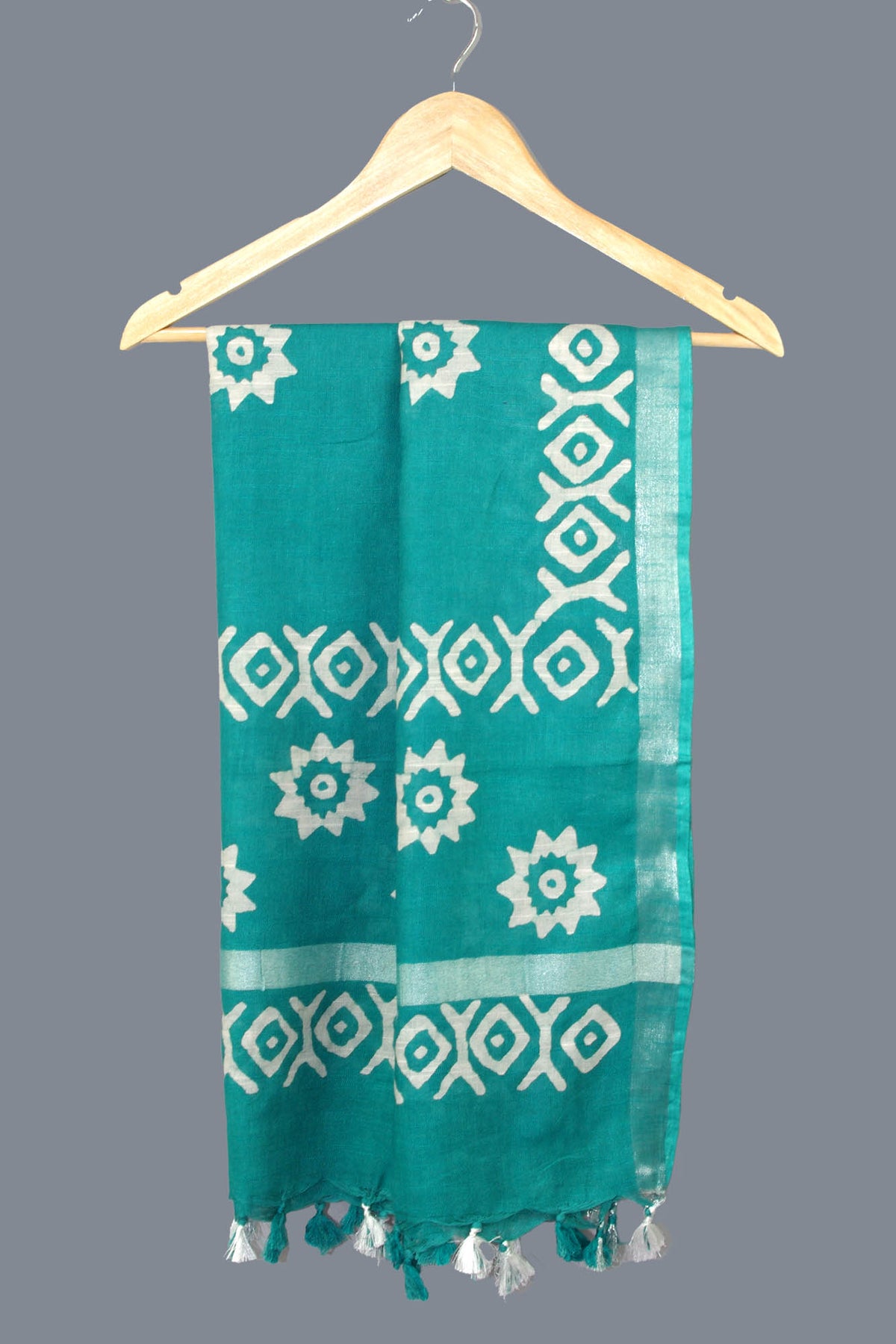 Linen Scarf / Stole with Tussle  -  Teal Green White Batik Print