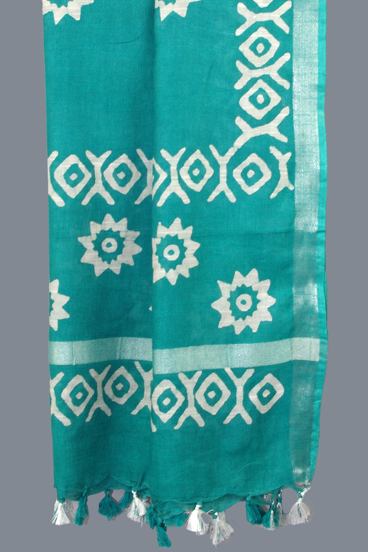 Linen Scarf / Stole with Tussle  -  Teal Green White Batik Print