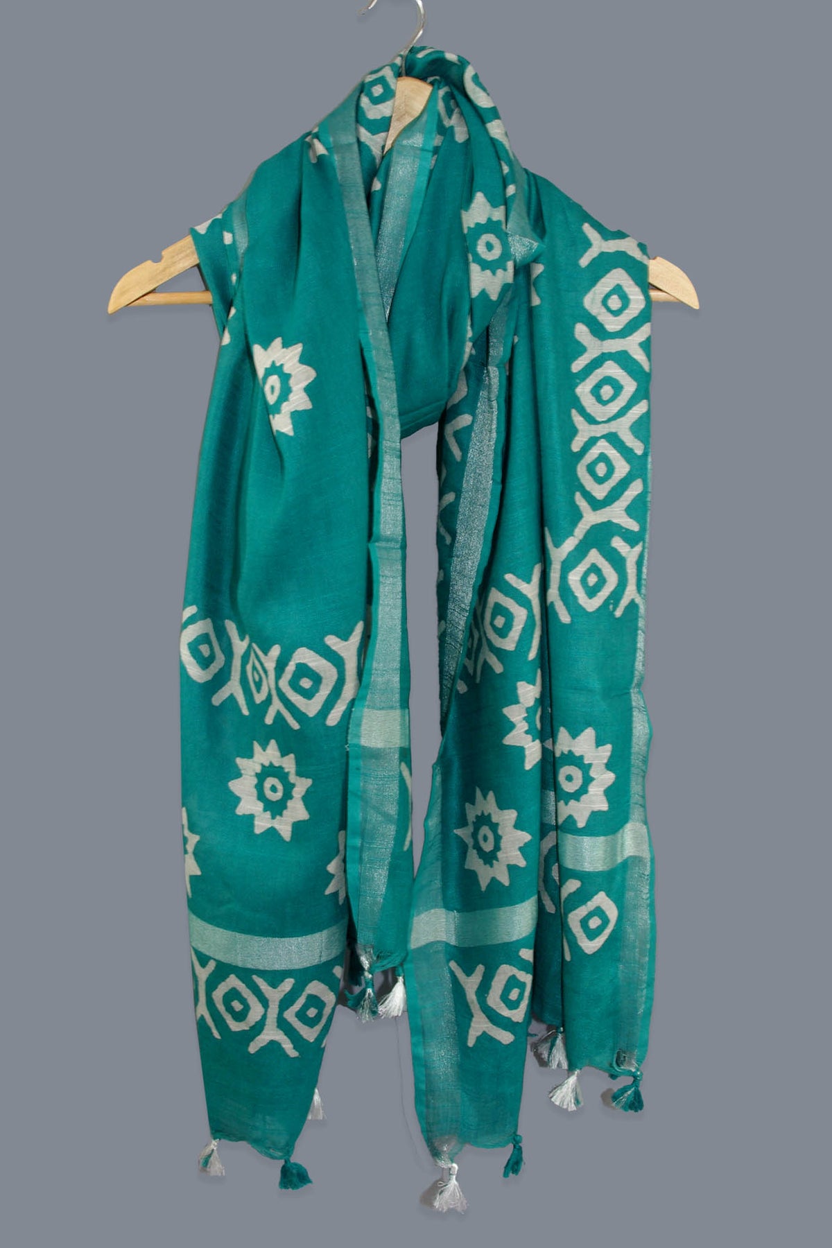 Linen Scarf / Stole with Tussle  -  Teal Green White Batik Print