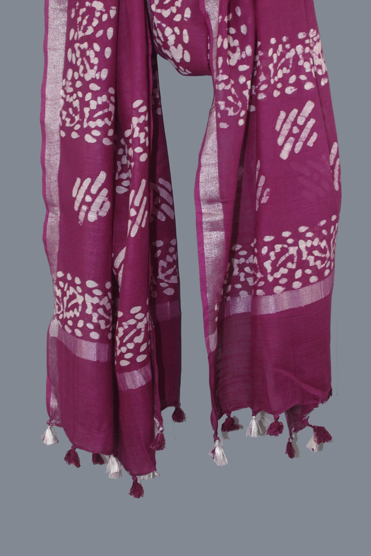 Linen Scarf / Stole with Tussle  -  Deep Wine White Batik Print