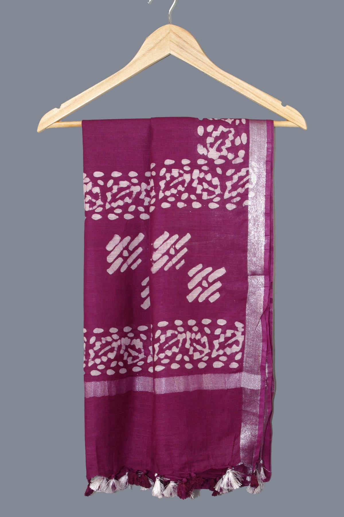 Linen Scarf / Stole with Tussle  -  Deep Wine White Batik Print