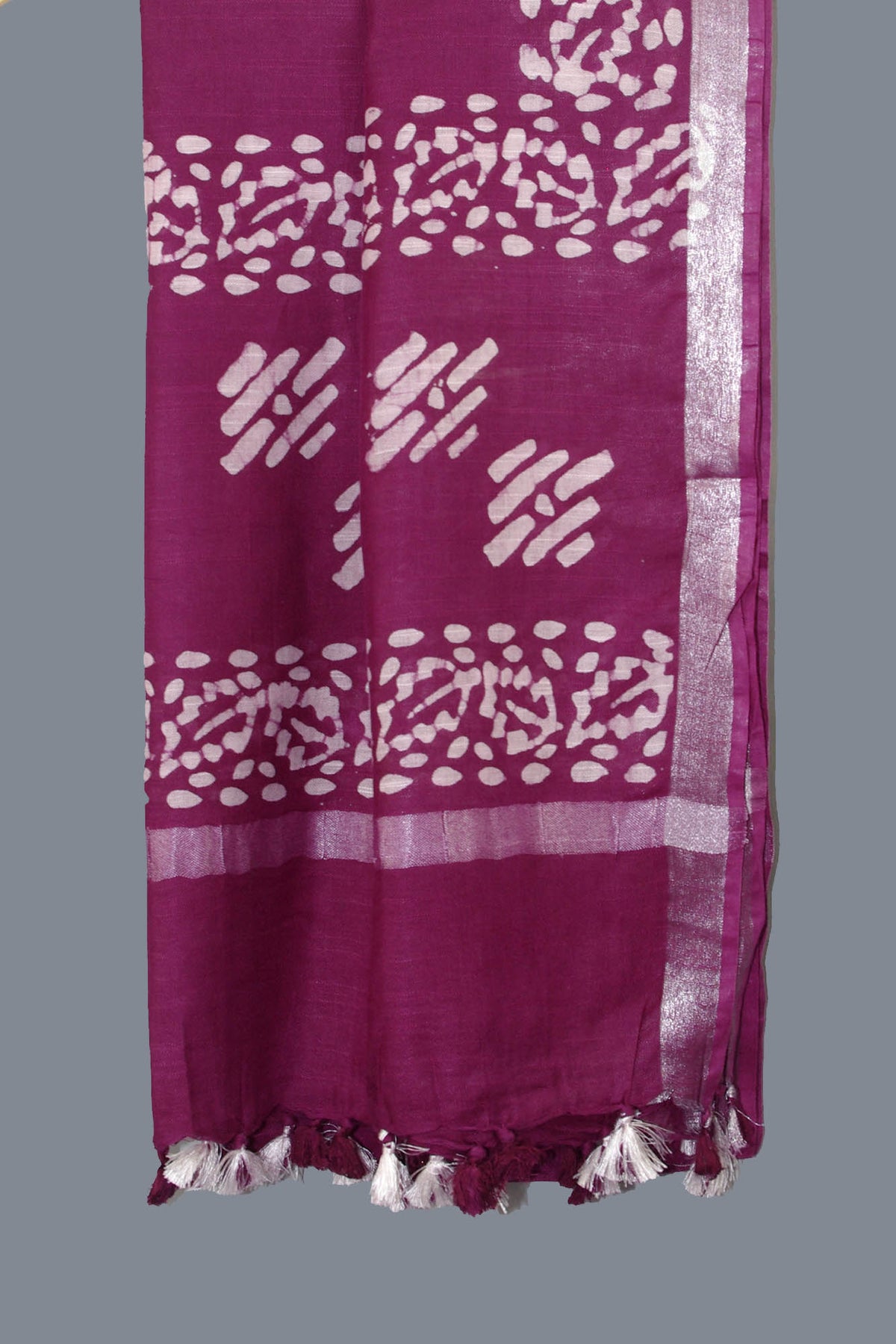 Linen Scarf / Stole with Tussle  -  Deep Wine White Batik Print