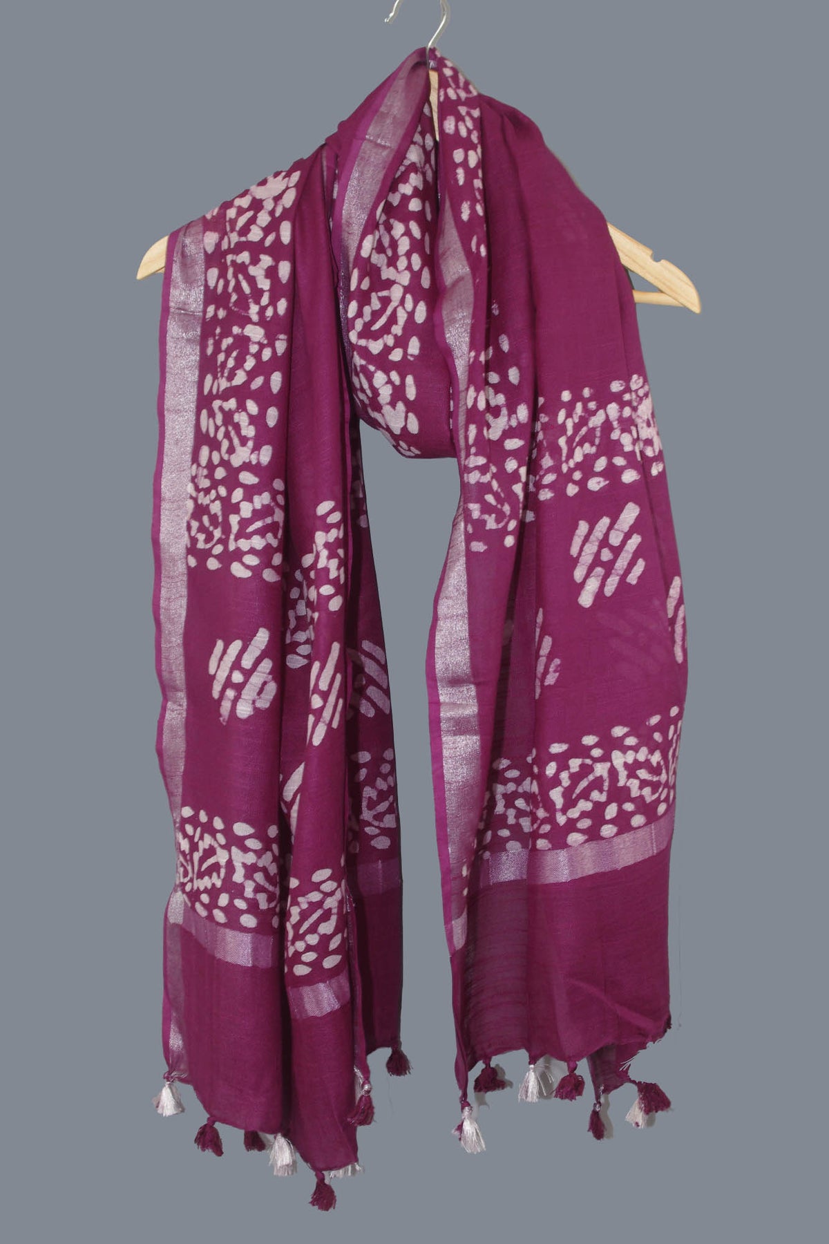 Linen Scarf / Stole with Tussle  -  Deep Wine White Batik Print