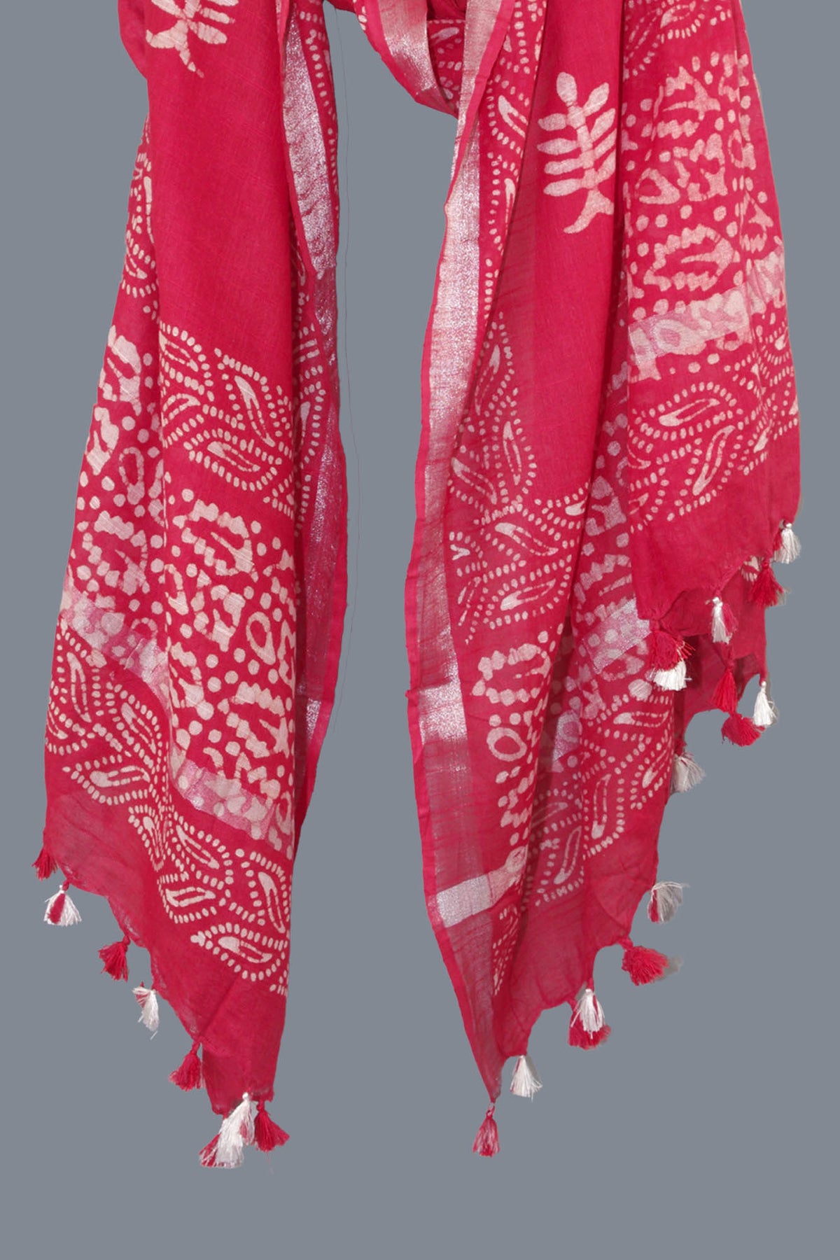 Linen Scarf / Stole with Tussle  -  Red White Batik Print