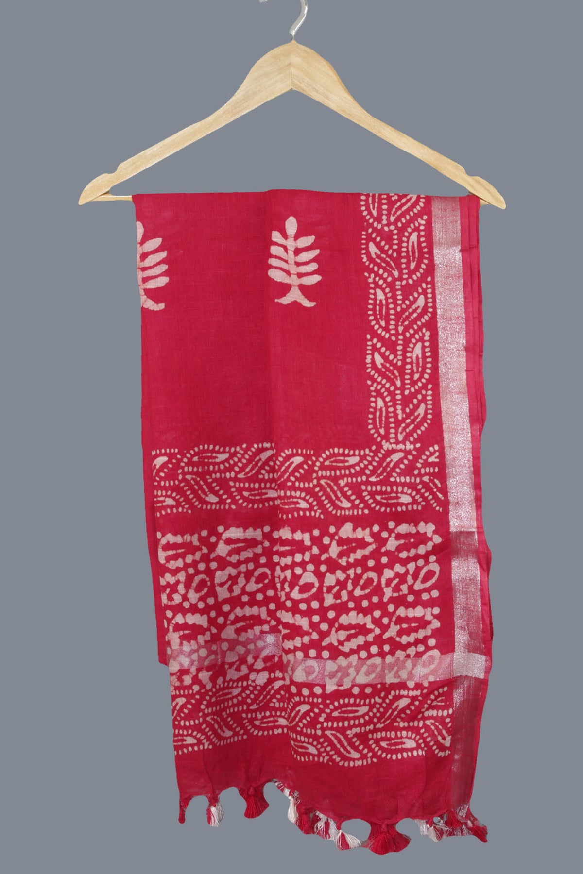 Linen Scarf / Stole with Tussle  -  Red White Batik Print