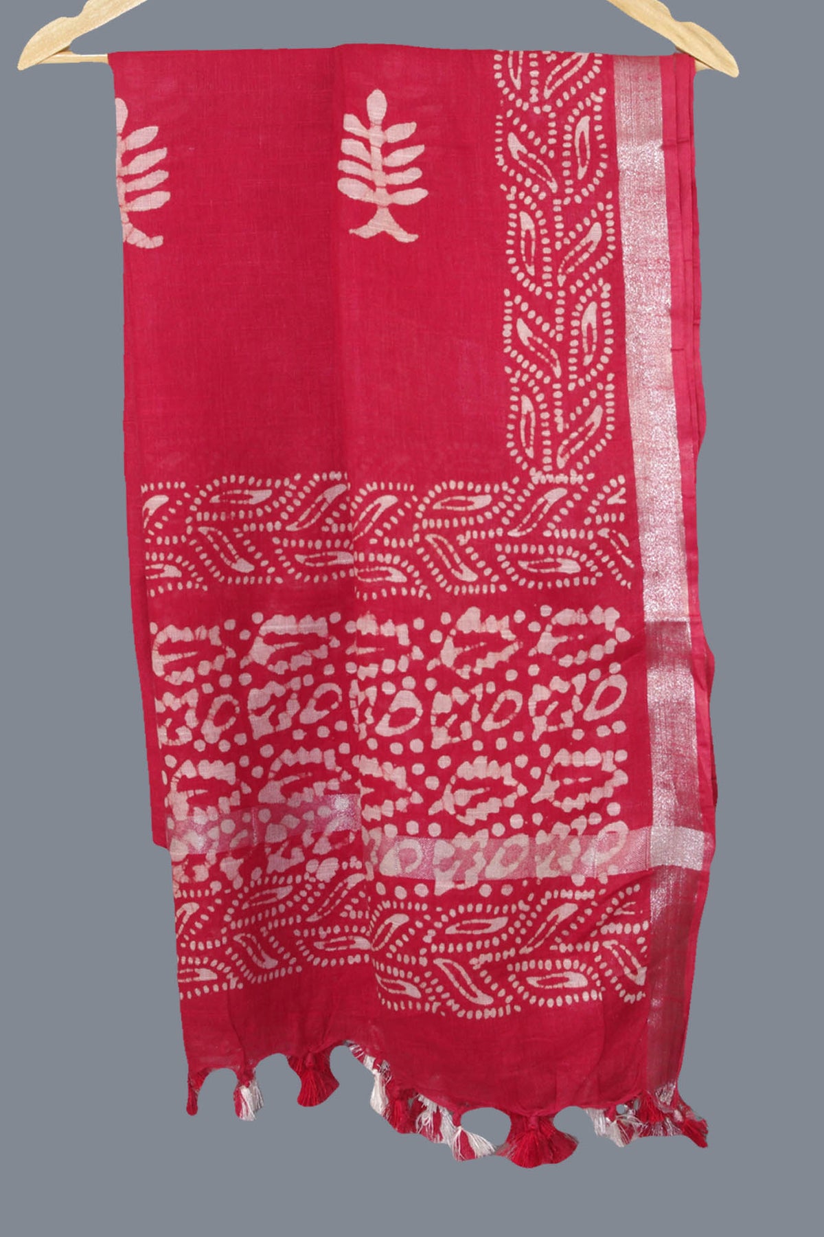 Linen Scarf / Stole with Tussle  -  Red White Batik Print