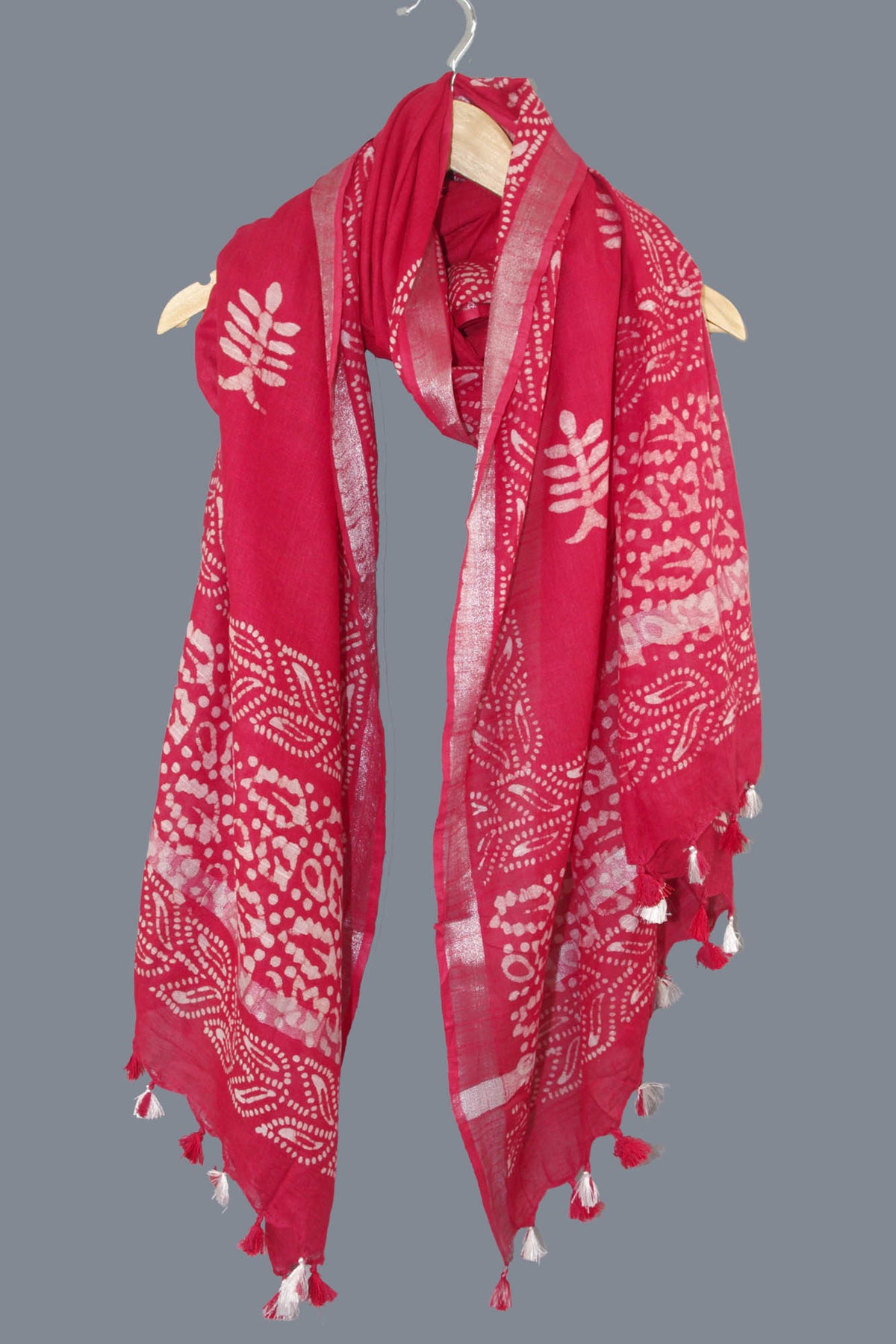 Linen Scarf / Stole with Tussle  -  Red White Batik Print