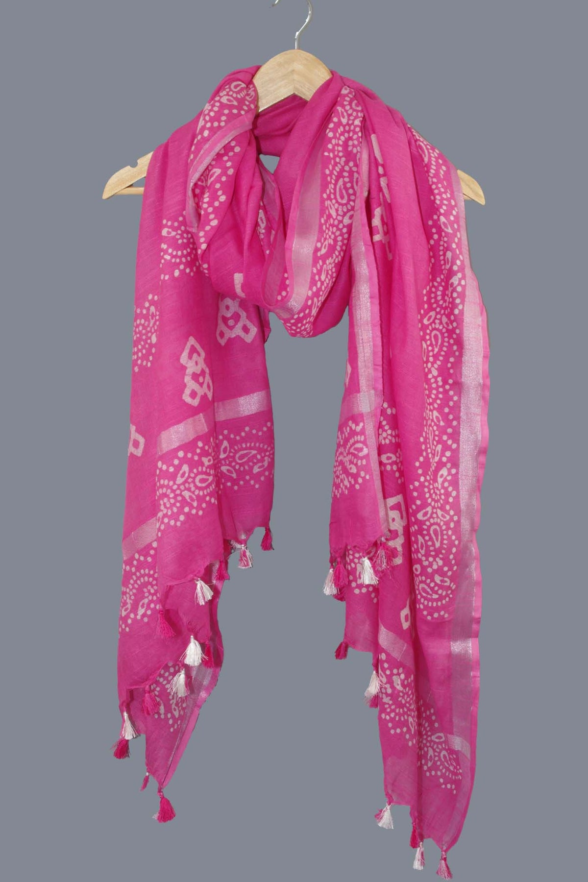 Linen Scarf / Stole with Tussle  -  Pink White Batik Print