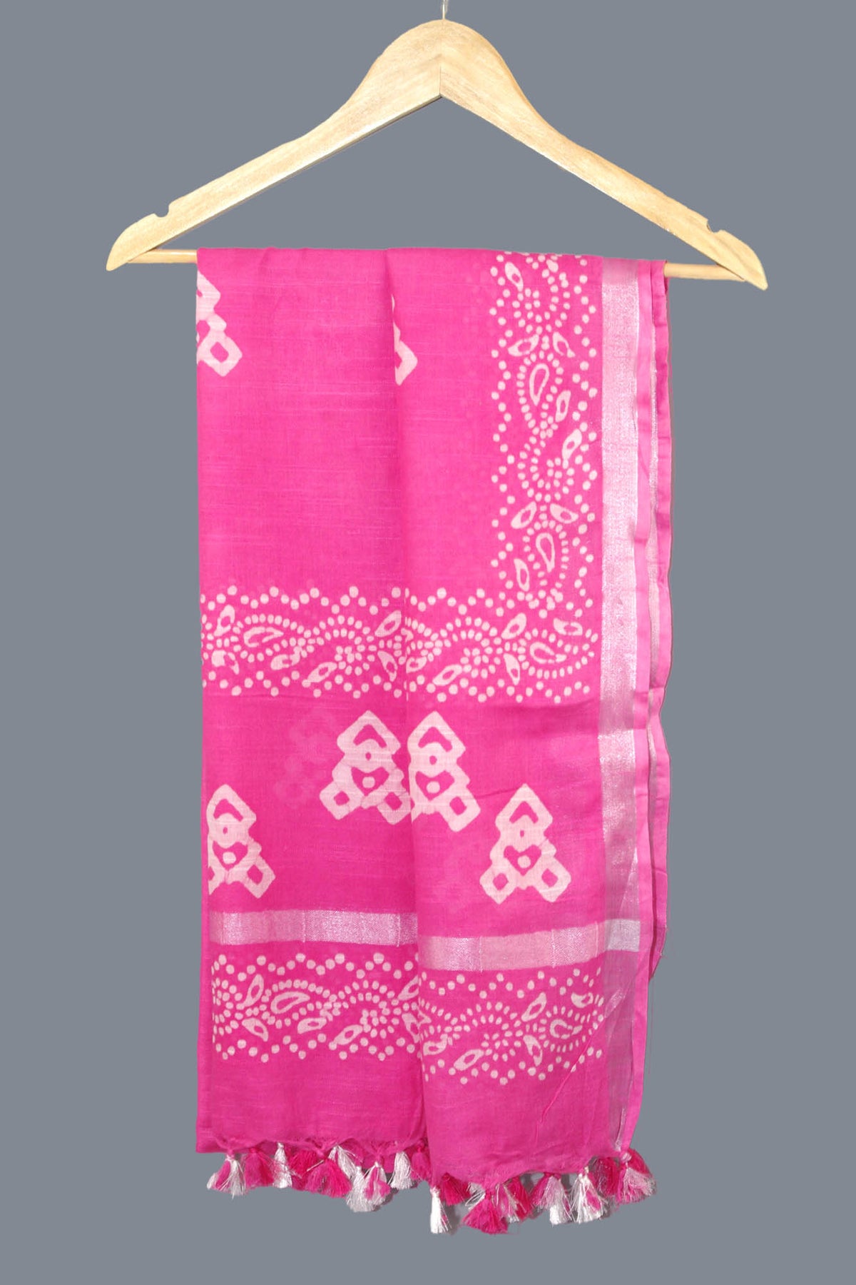 Linen Scarf / Stole with Tussle  -  Pink White Batik Print