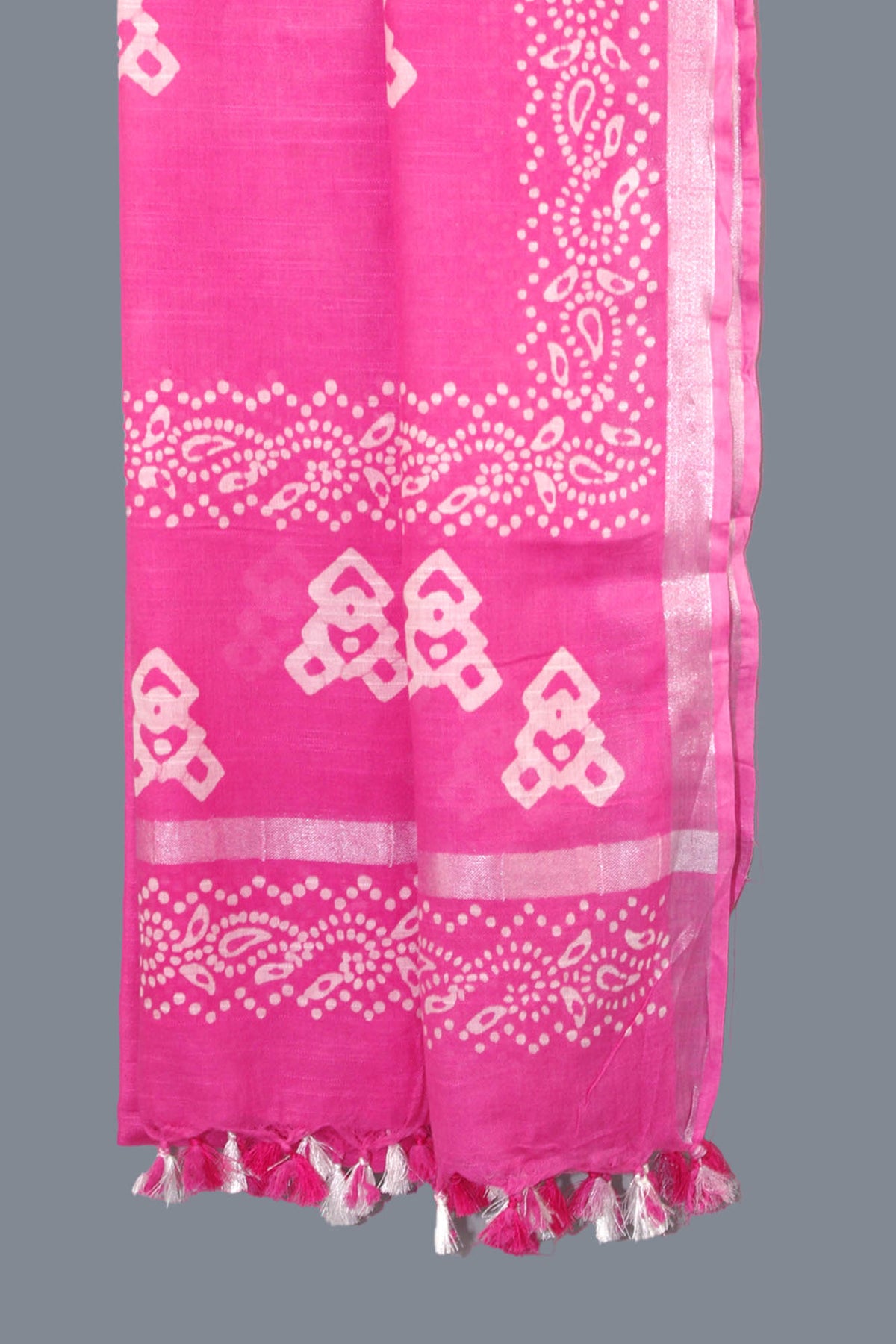 Linen Scarf / Stole with Tussle  -  Pink White Batik Print