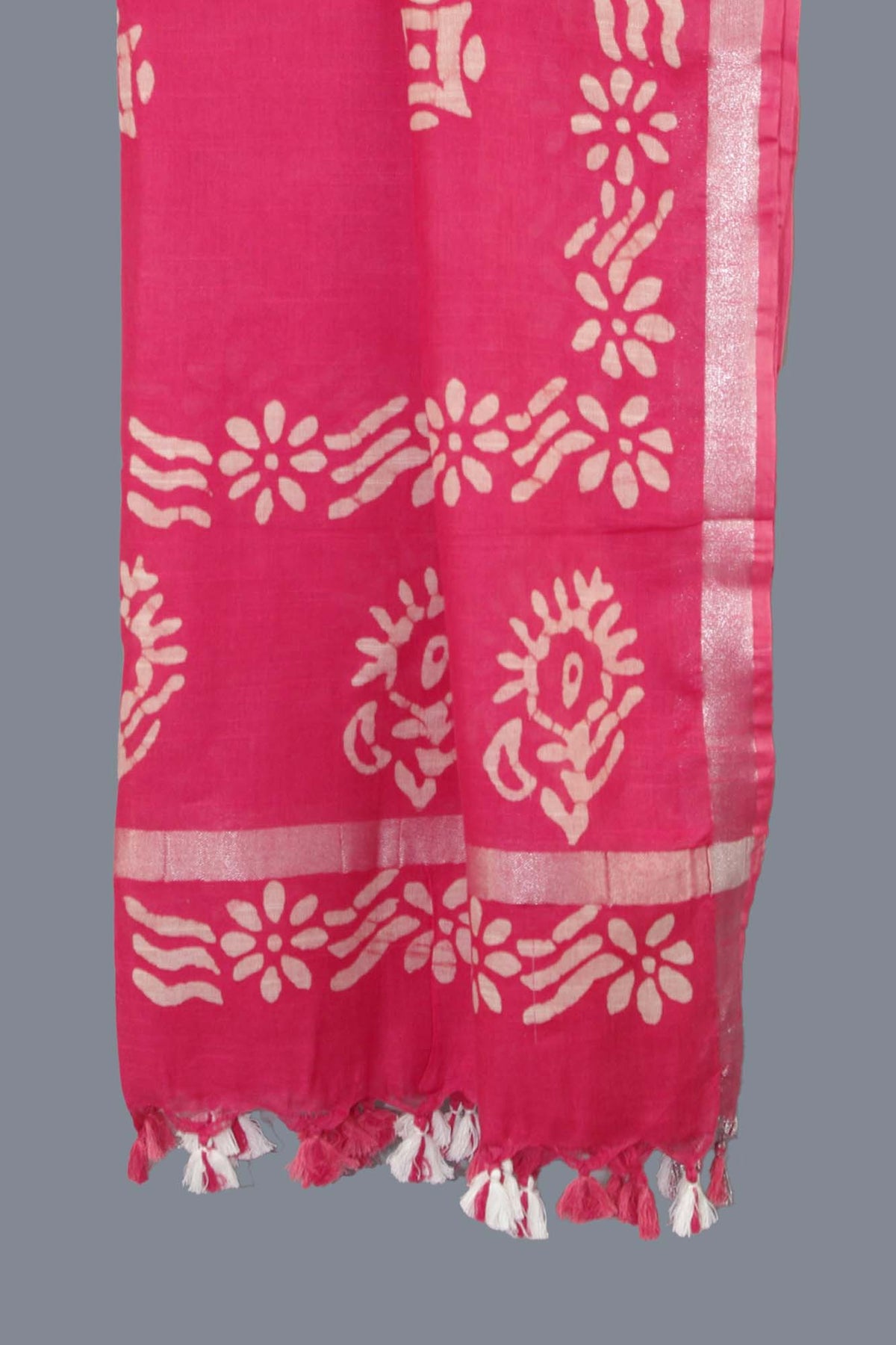 Linen Scarf / Stole with Tussle  - Salmon Pink White Batik Print