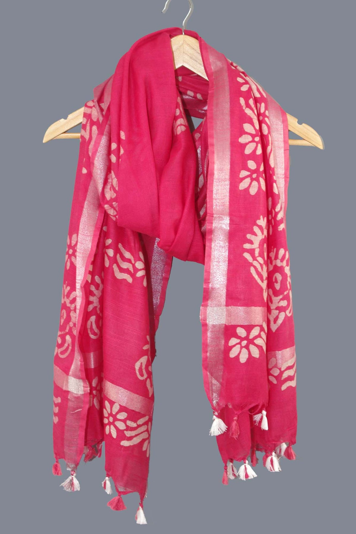 Linen Scarf / Stole with Tussle  - Salmon Pink White Batik Print