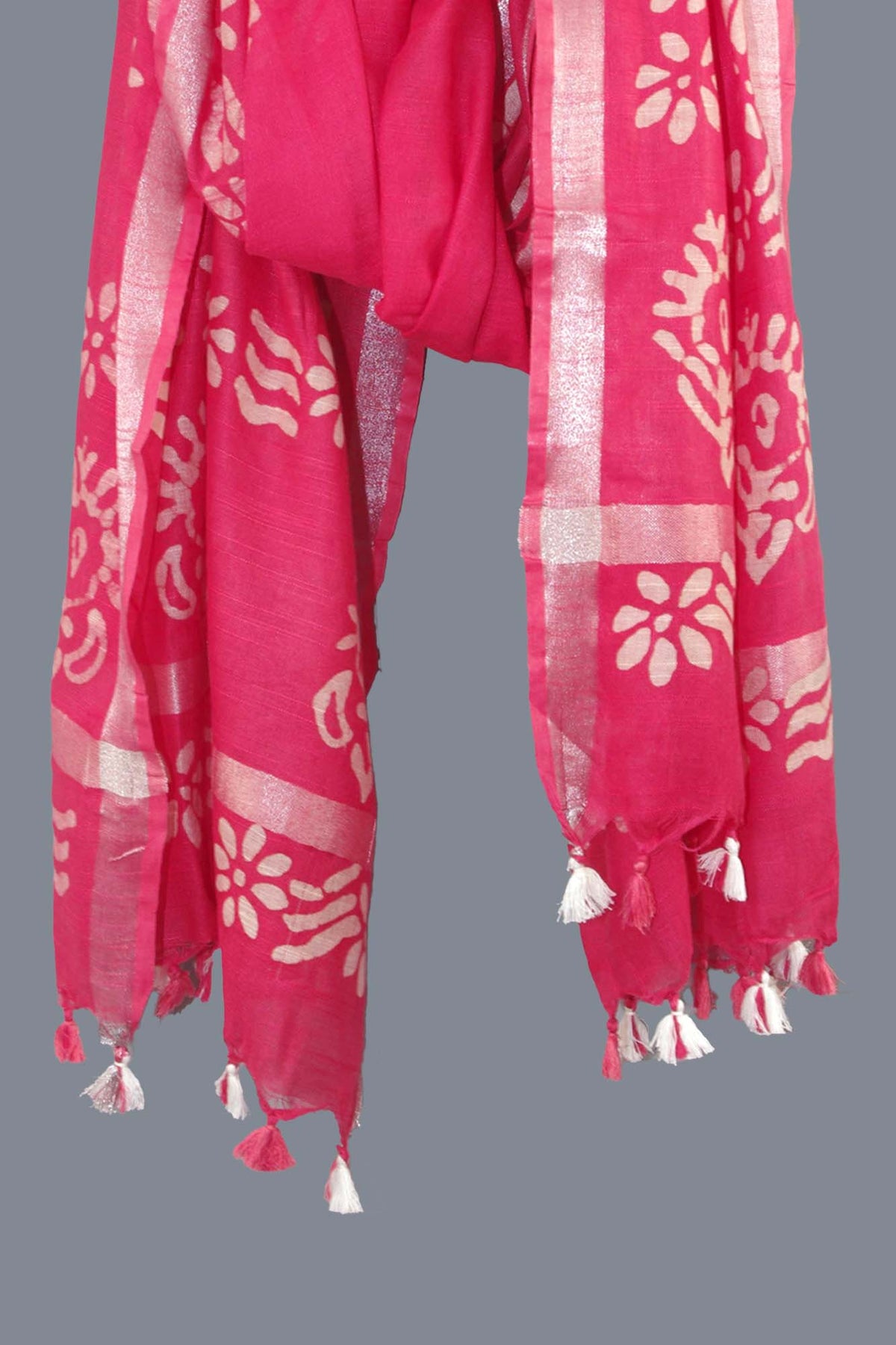 Linen Scarf / Stole with Tussle  - Salmon Pink White Batik Print