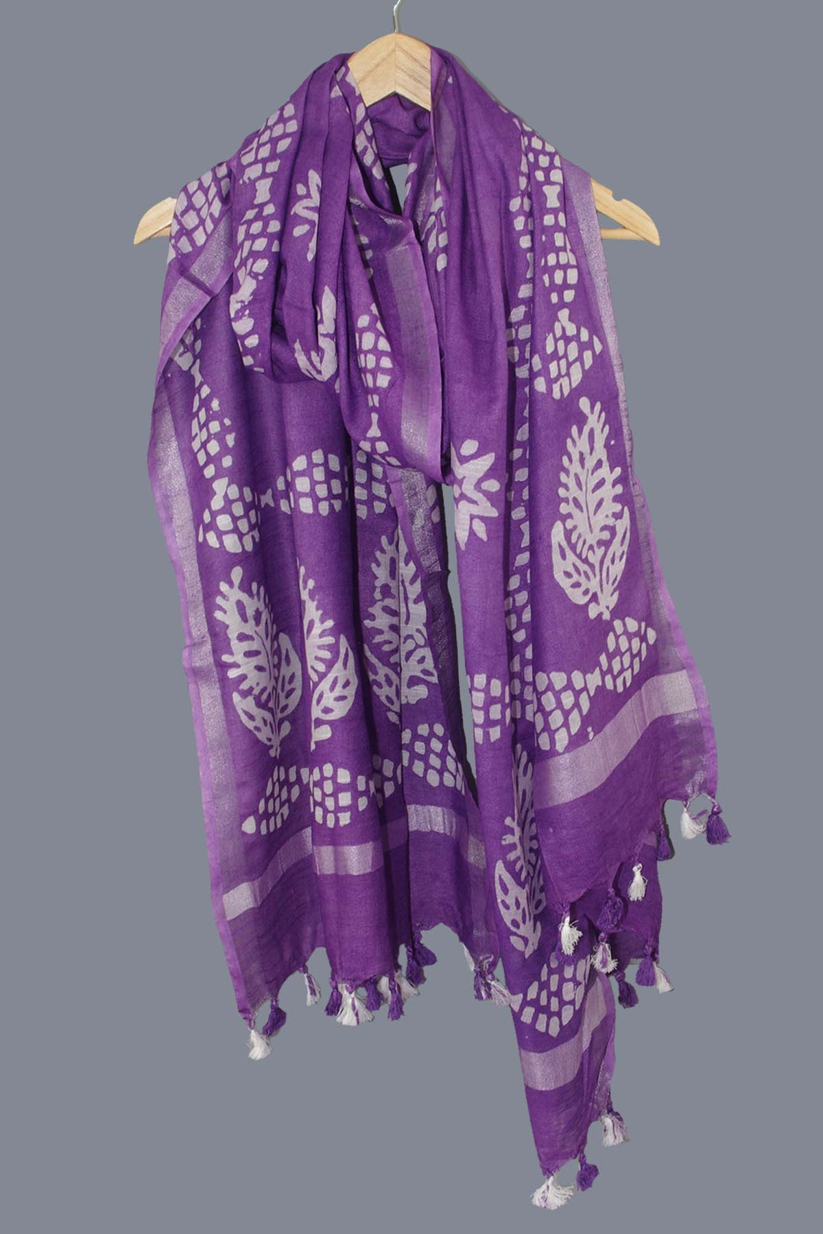 Linen Scarf / Stole with Tussle  -  Purple White Batik Print