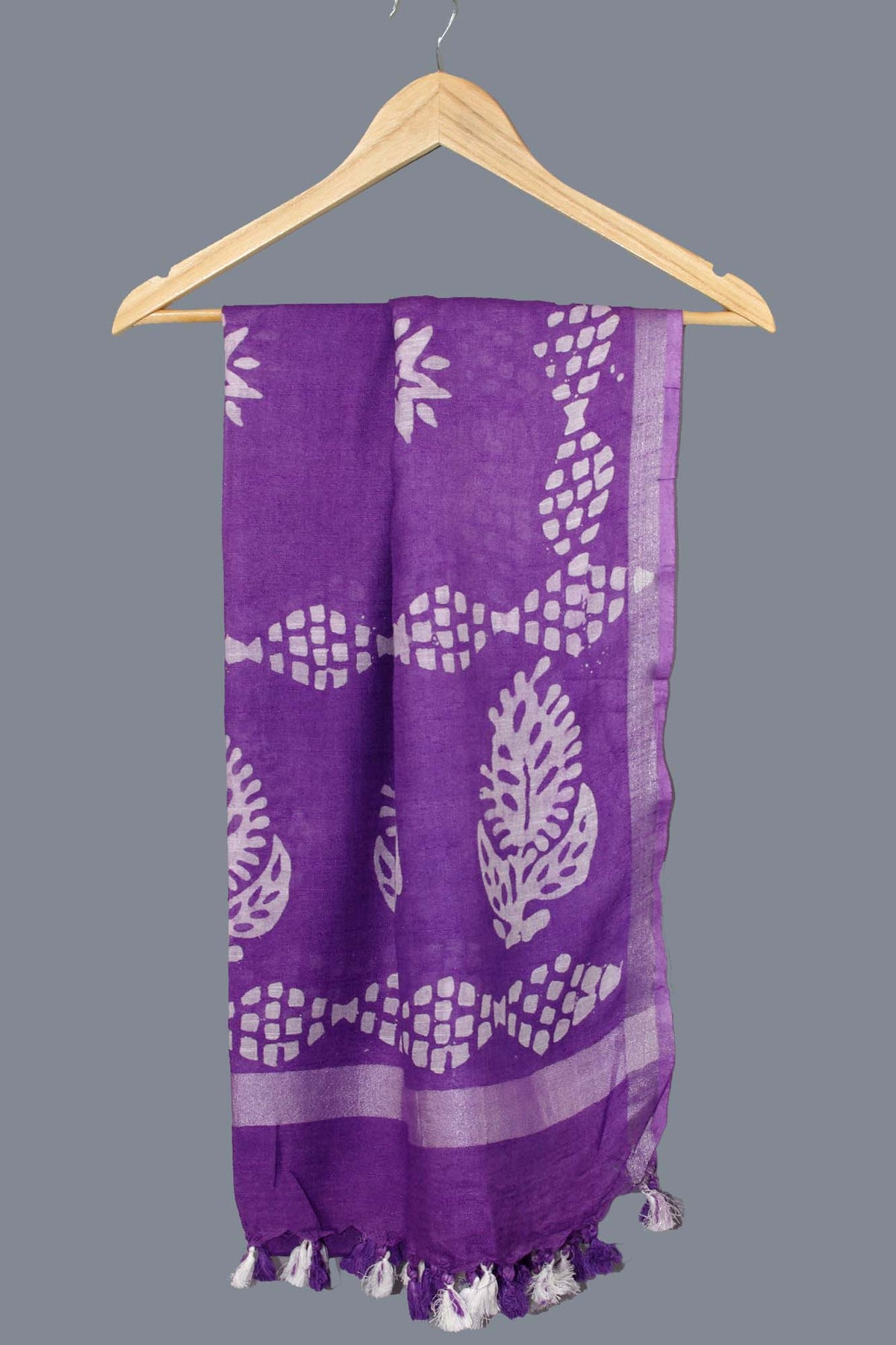 Linen Scarf / Stole with Tussle  -  Purple White Batik Print