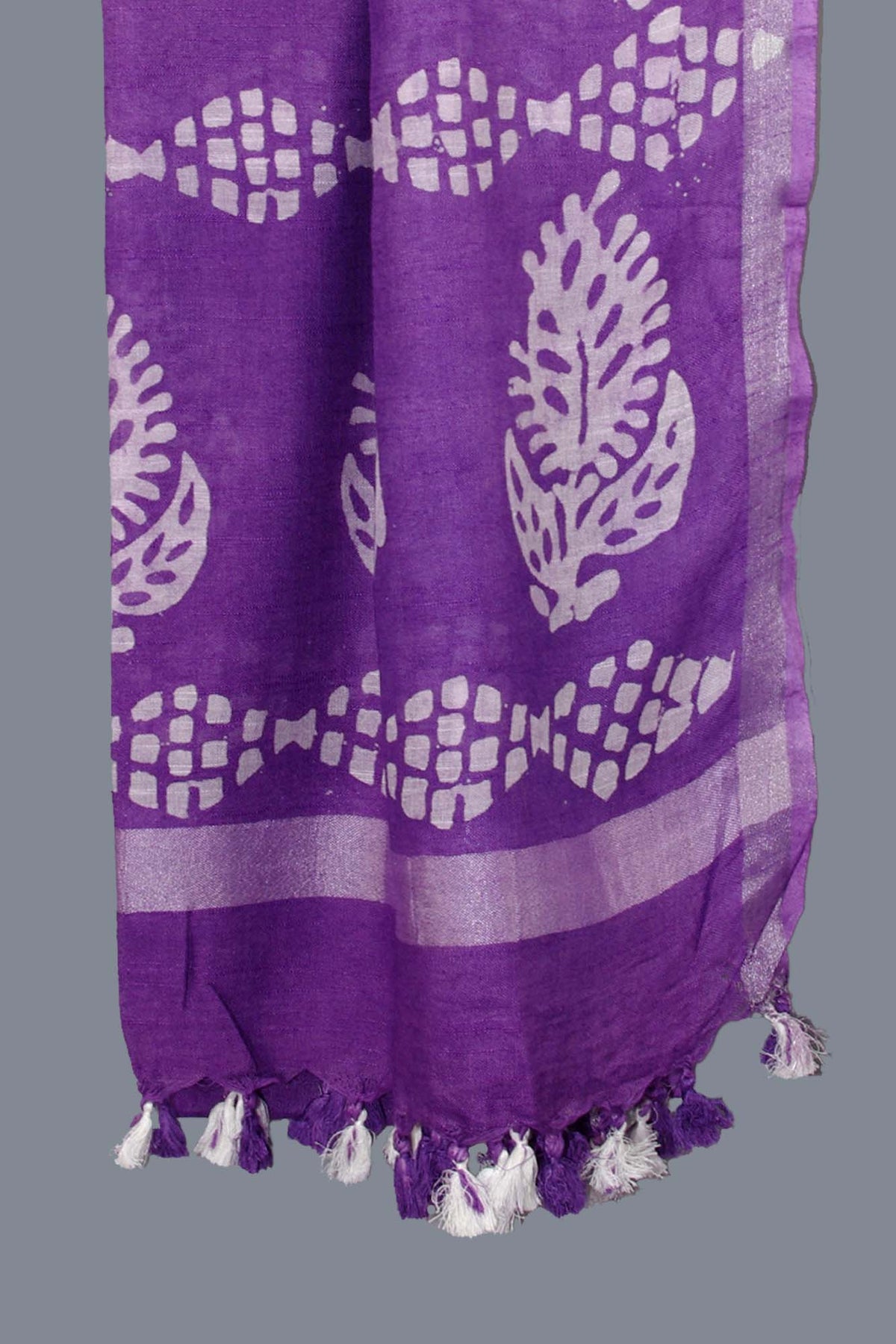 Linen Scarf / Stole with Tussle  -  Purple White Batik Print