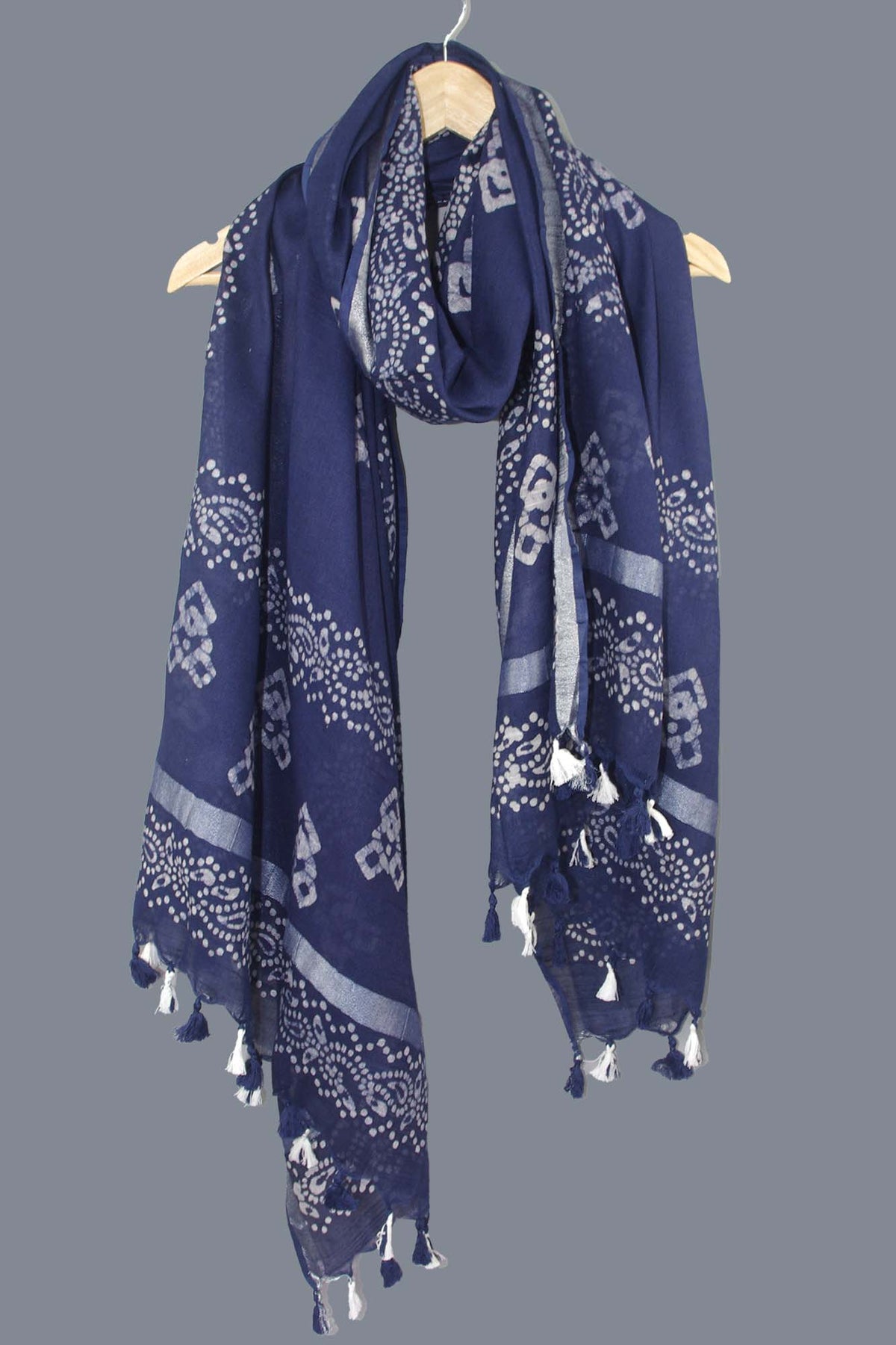 Linen Scarf / Stole with Tussle  - Royal Blue Batik Print