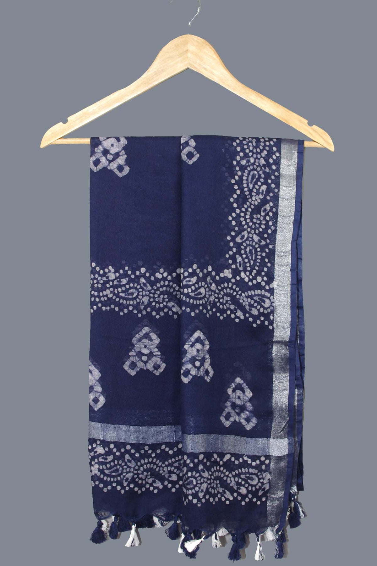 Linen Scarf / Stole with Tussle  - Royal Blue Batik Print