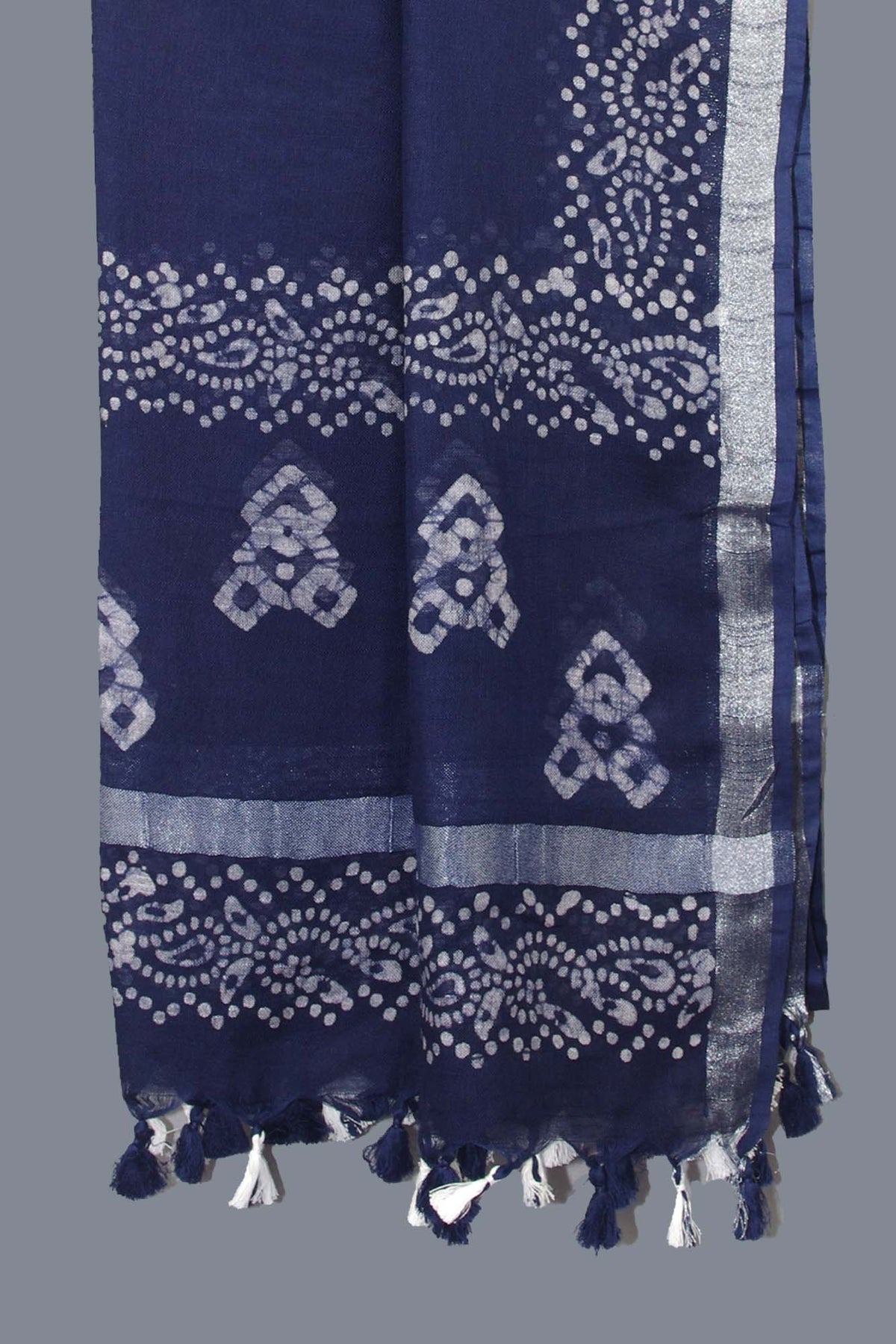 Linen Scarf / Stole with Tussle  - Royal Blue Batik Print