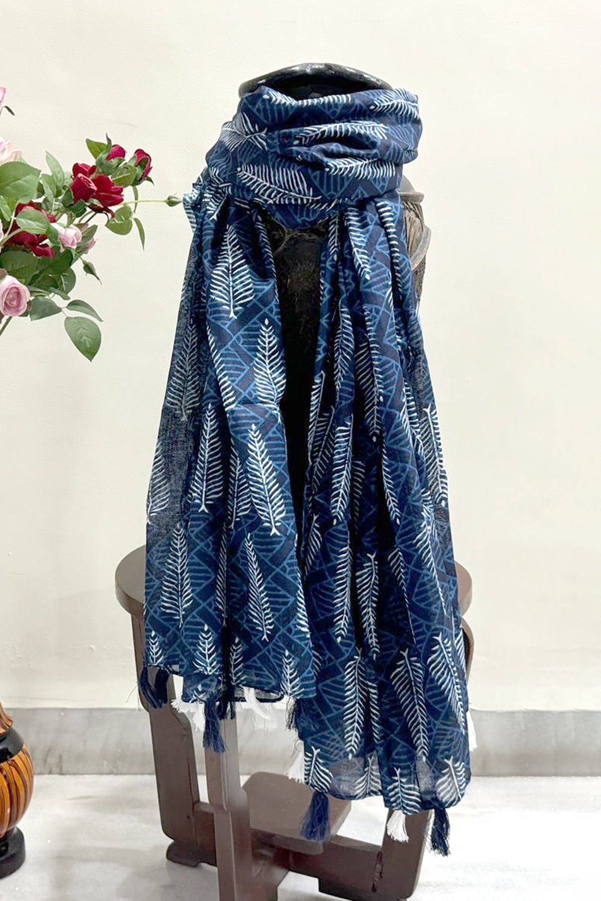 Linen Scarf / Stole with Tussle  - Indigo Batik Print