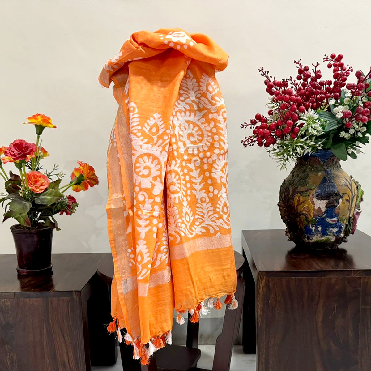 Linen Scarf / Stole with Tussle  - Orange Batik Print