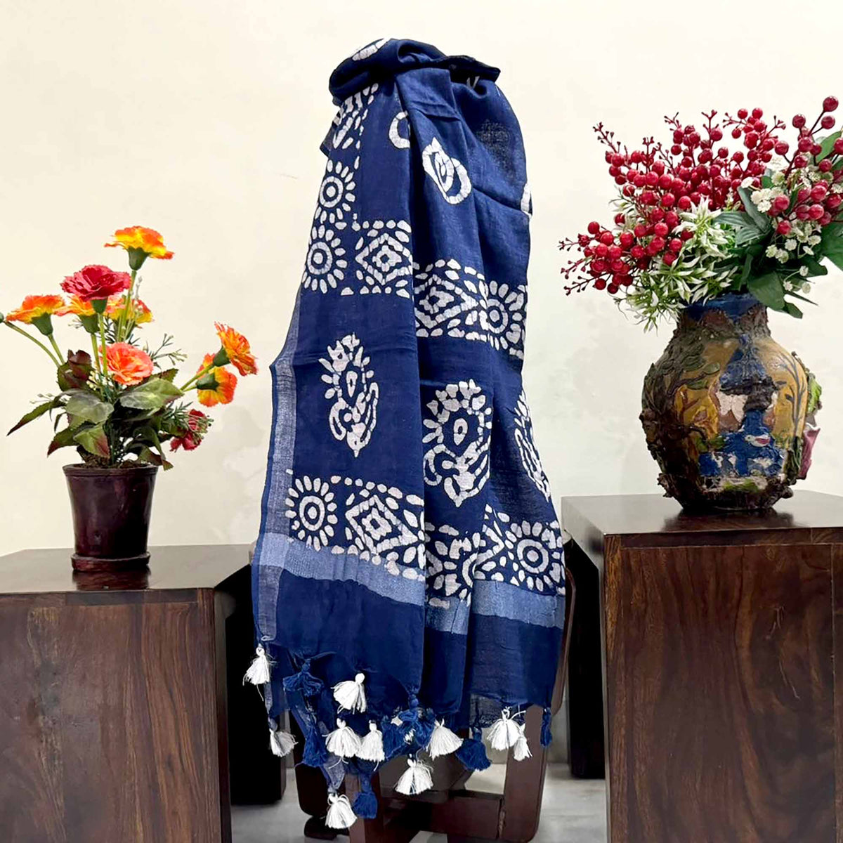 Linen Scarf / Stole with Tussle  - Royal Blue Batik Print