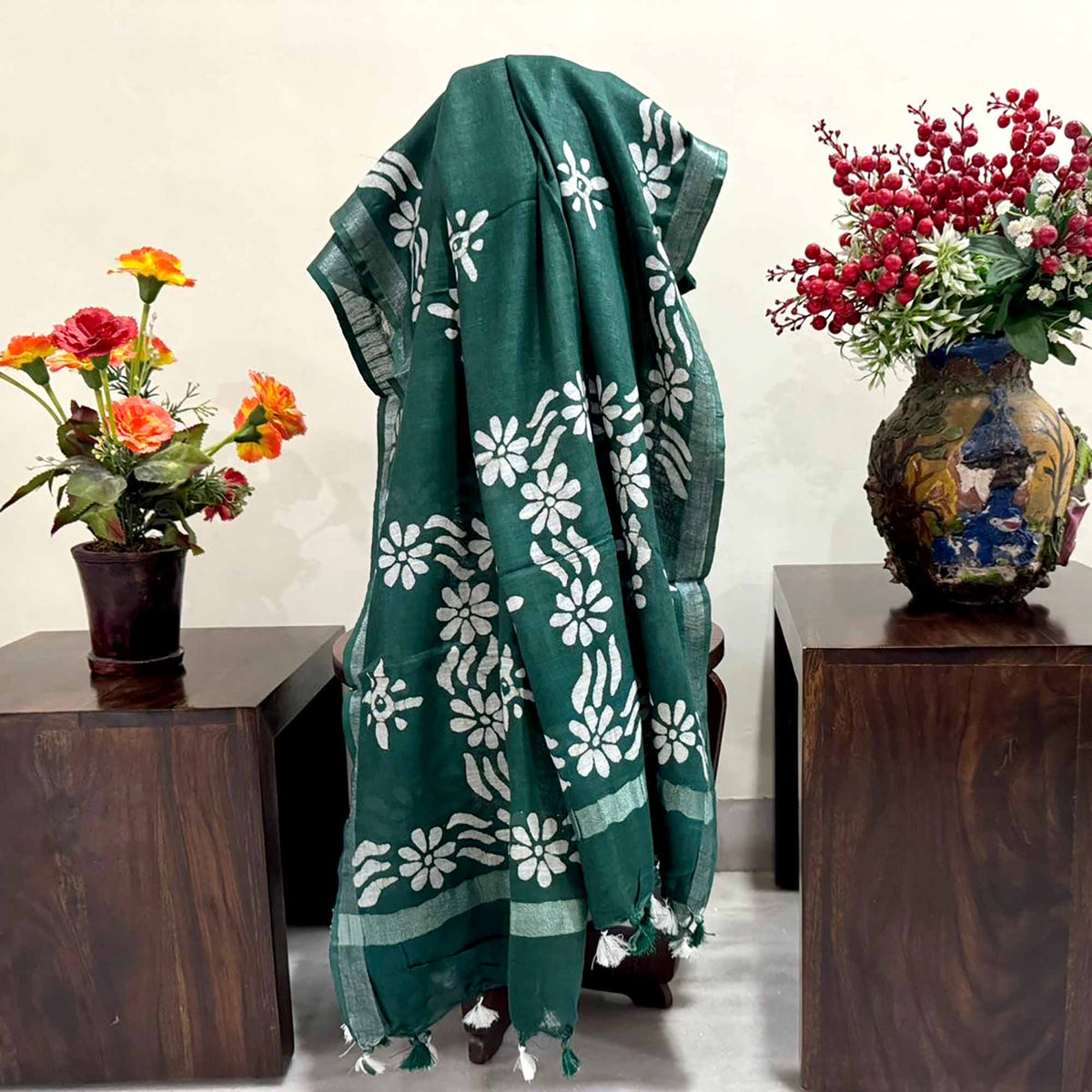 Linen Scarf / Stole with Tussle  - Green Batik Print