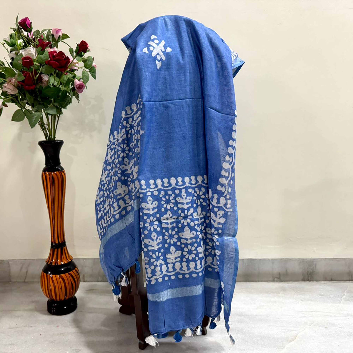 Linen Scarf / Stole with Tussle  - Blue Batik Print