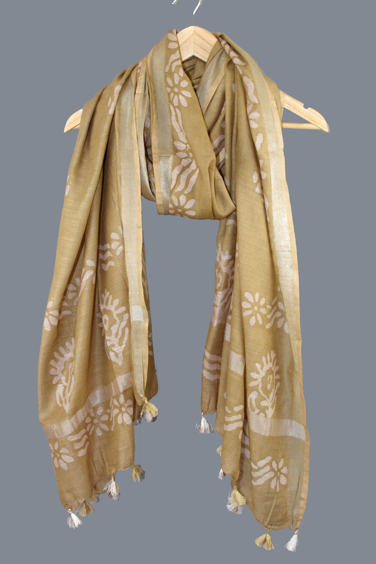 Linen Scarf / Stole with Tussle  - Golden Batik Print