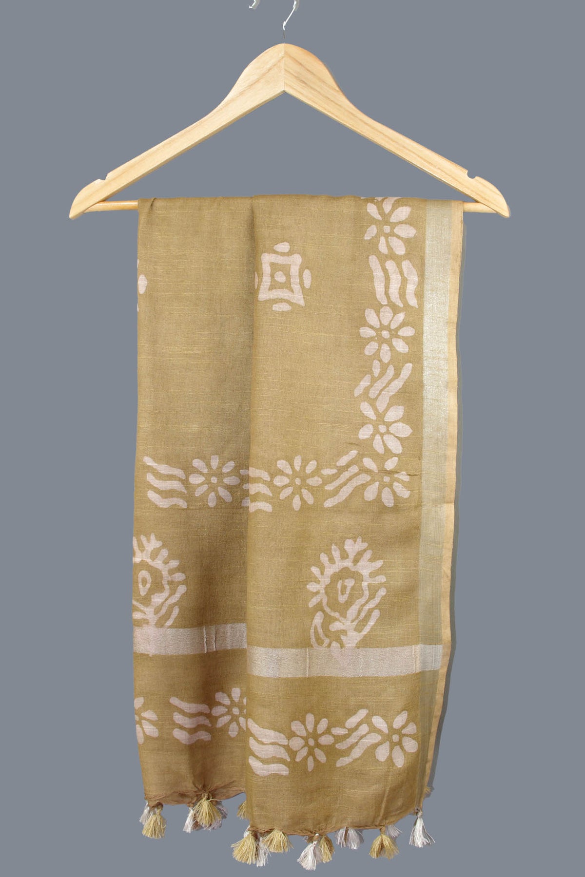 Linen Scarf / Stole with Tussle  - Golden Batik Print