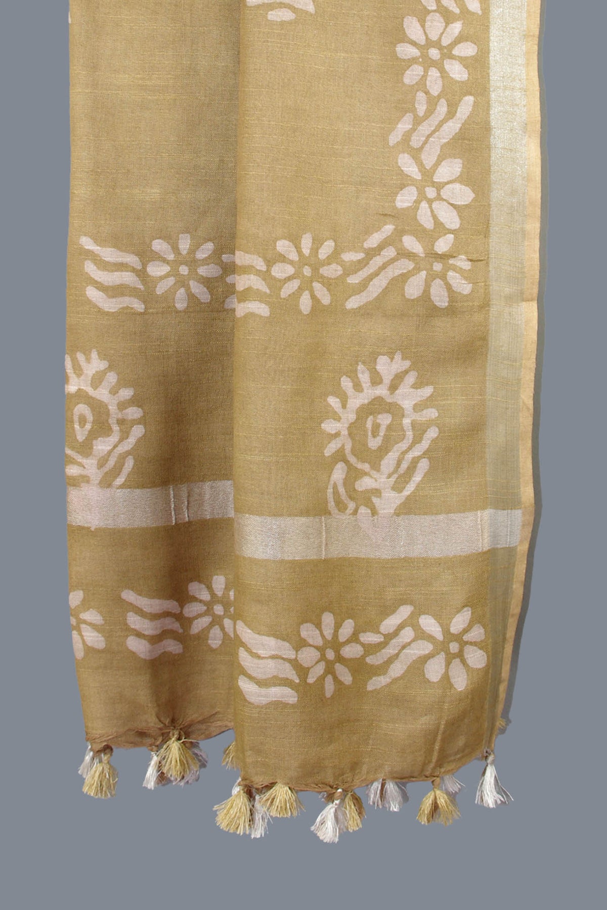 Linen Scarf / Stole with Tussle  - Golden Batik Print