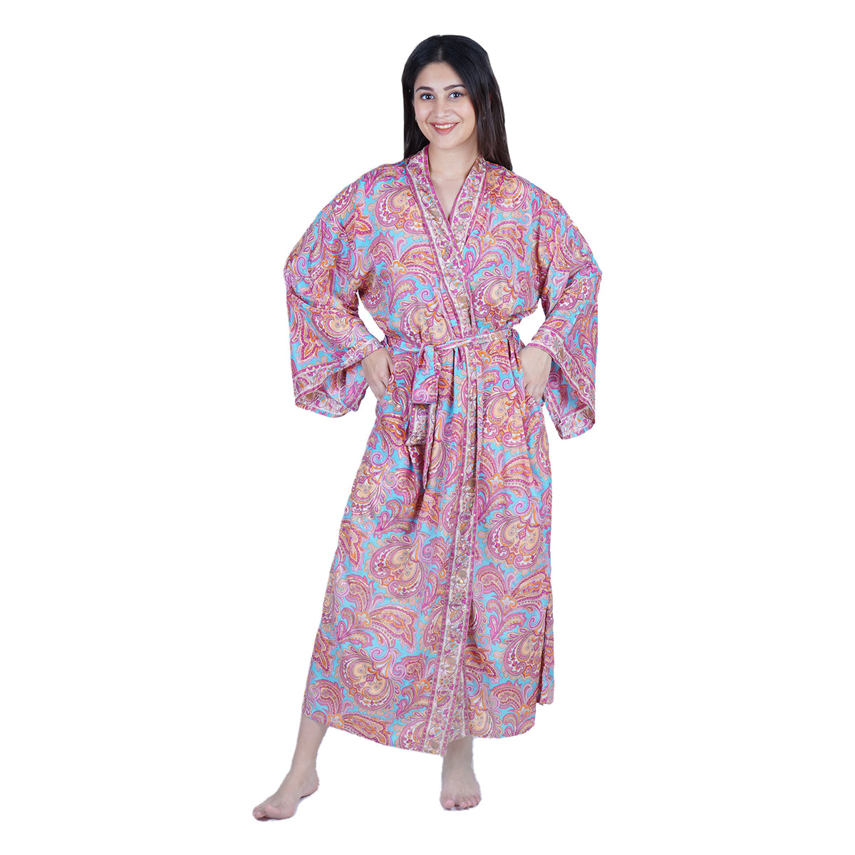 New Luxury Silk Boho Kimono House Robe - Pink & Blue Paisley