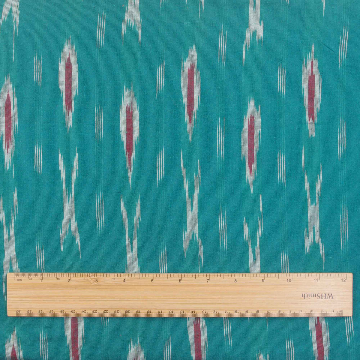 Ikat Hand Woven Cotton Fabric Design - Teal With Red & White Weaves