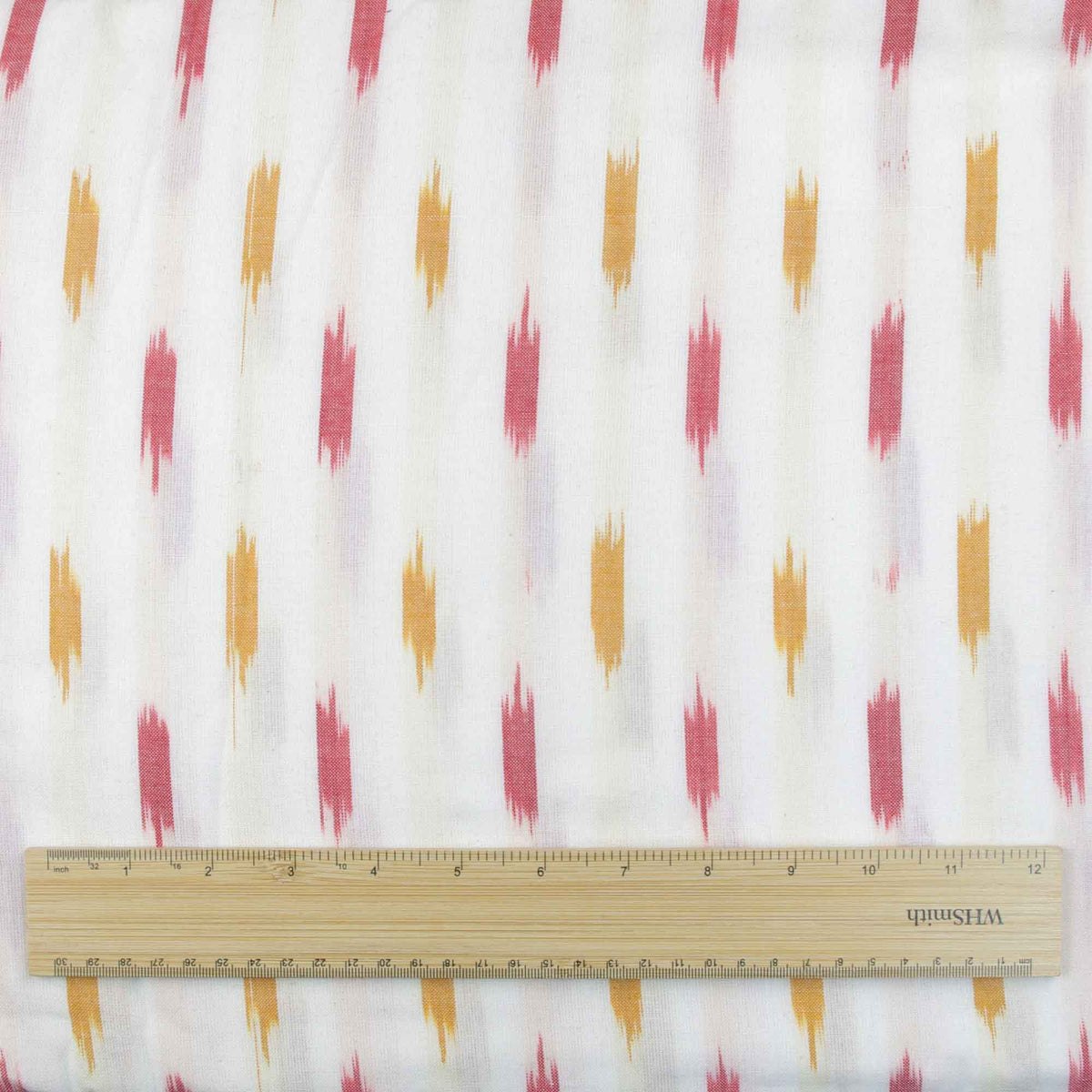 Ikat Hand Woven Cotton Fabric Design - White With Red & Mustard Yellow Weaves