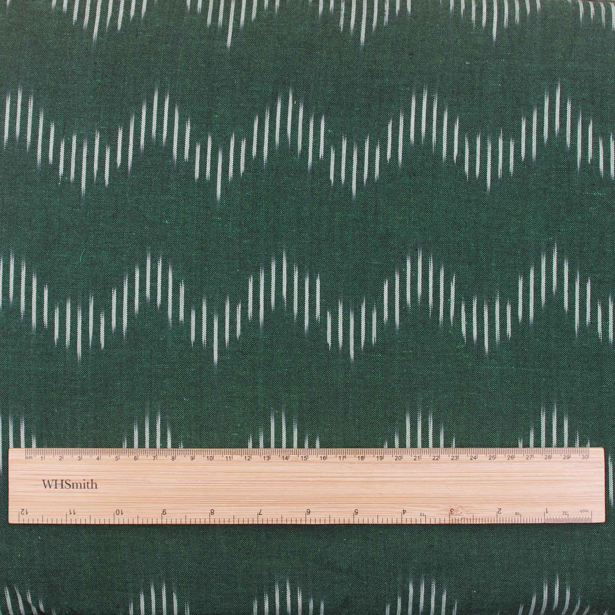 Ikat Hand Woven Cotton Fabric Design - Emerald Green With White Zig-Zag Weaves