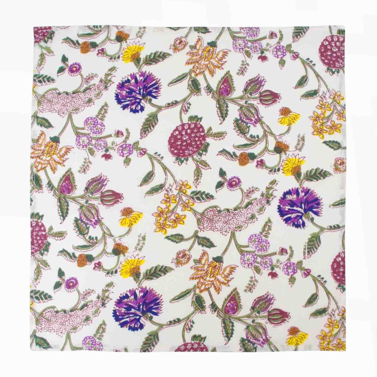 White With Purple Green Botanical Design Cotton Dinner Napkins 18'' - Set of 4