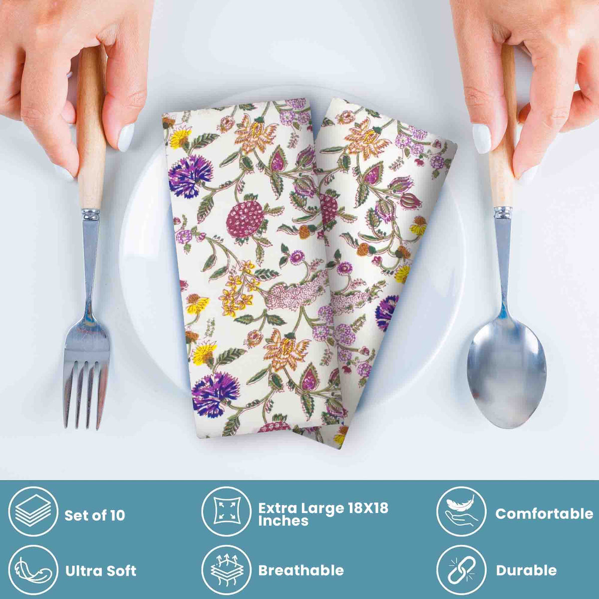 Set Of 10 Cotton Floral Dinner Napkins 18'' ( SET2)