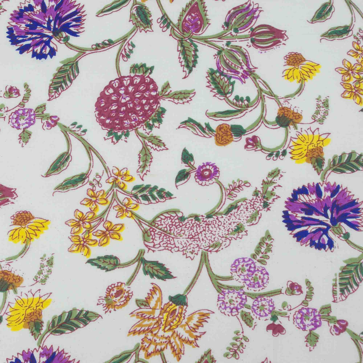 White With Purple Green Botanical Design Cotton Dinner Napkins 18'' - Set of 4