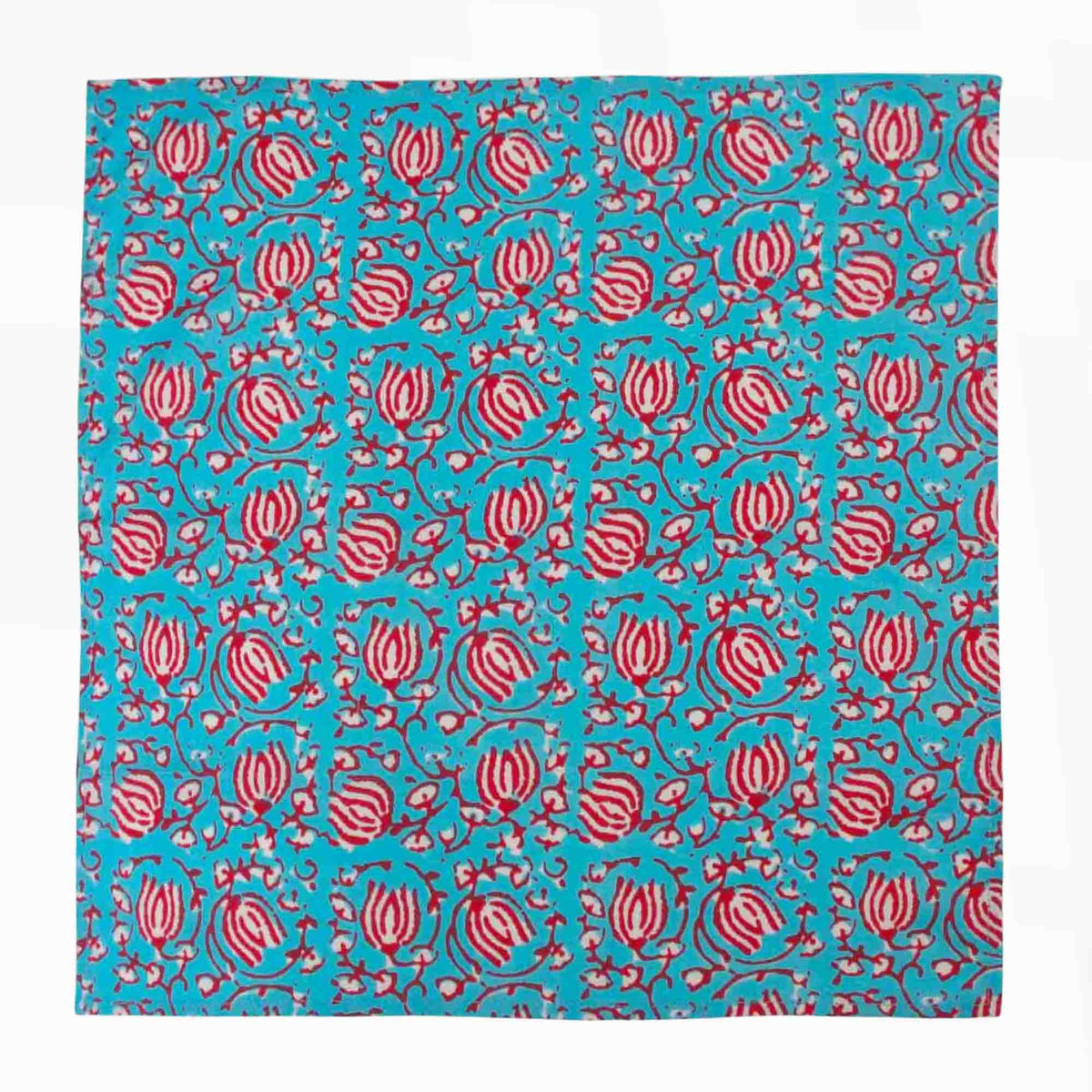 Turquoise and Red Lotus Design Cotton Dinner Napkins 18'' - Set of 4