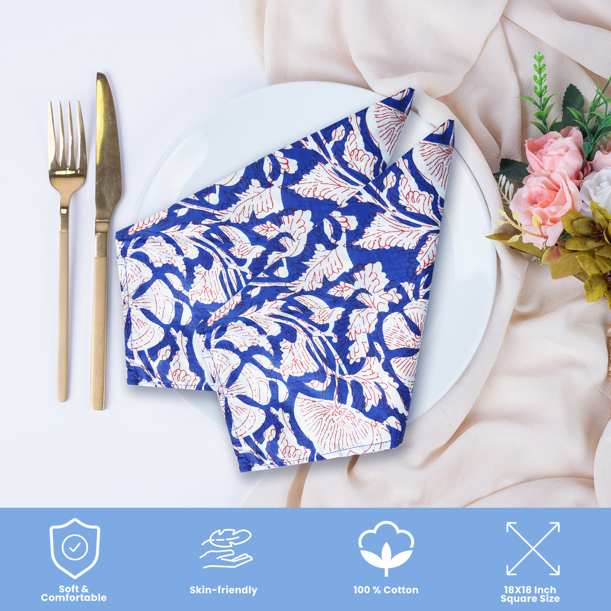 Set Of 10 Cotton Floral Dinner Napkins 18''