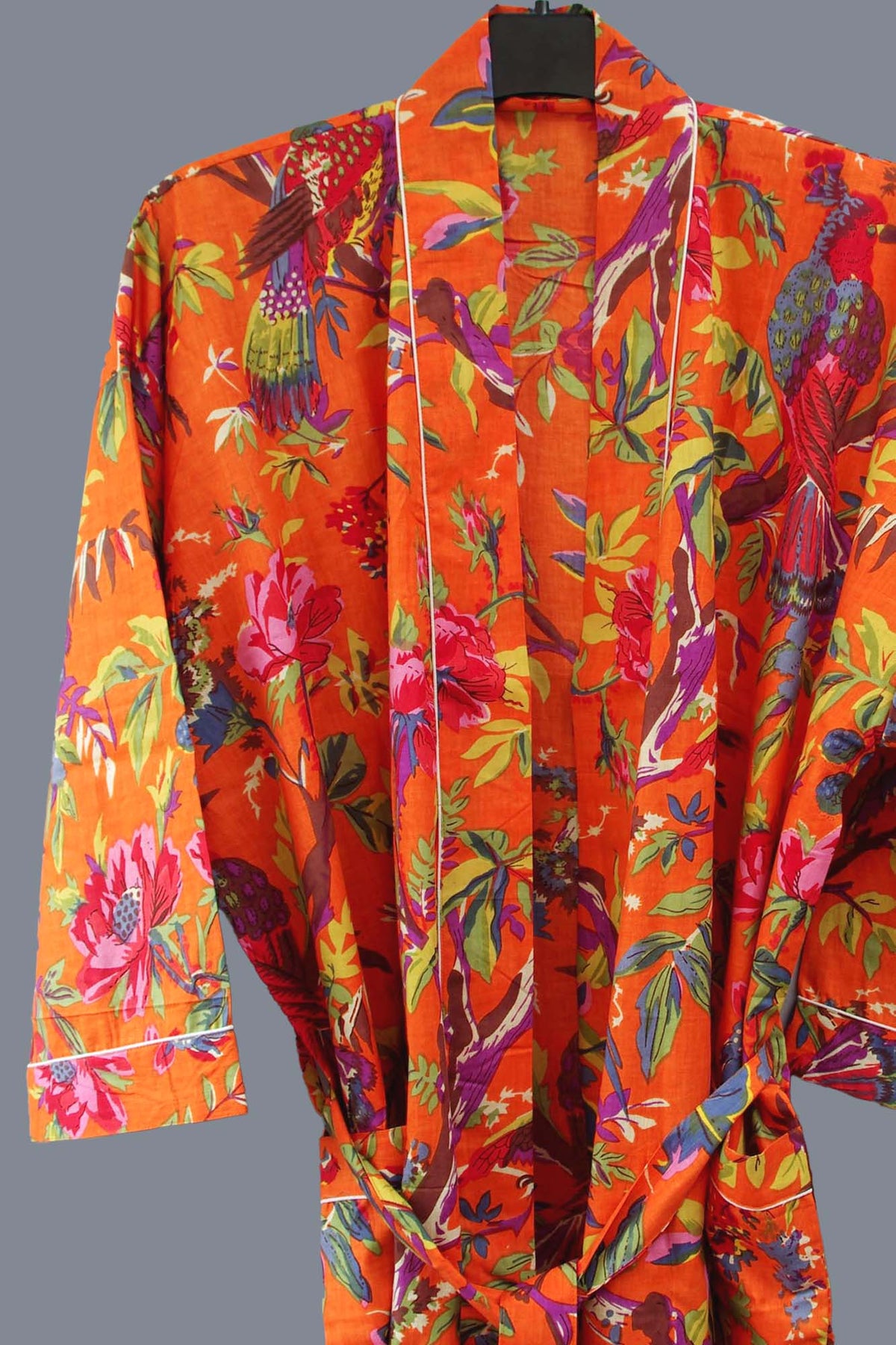 Orange Tropical Birds Print Cotton Kimono Dressing Gown