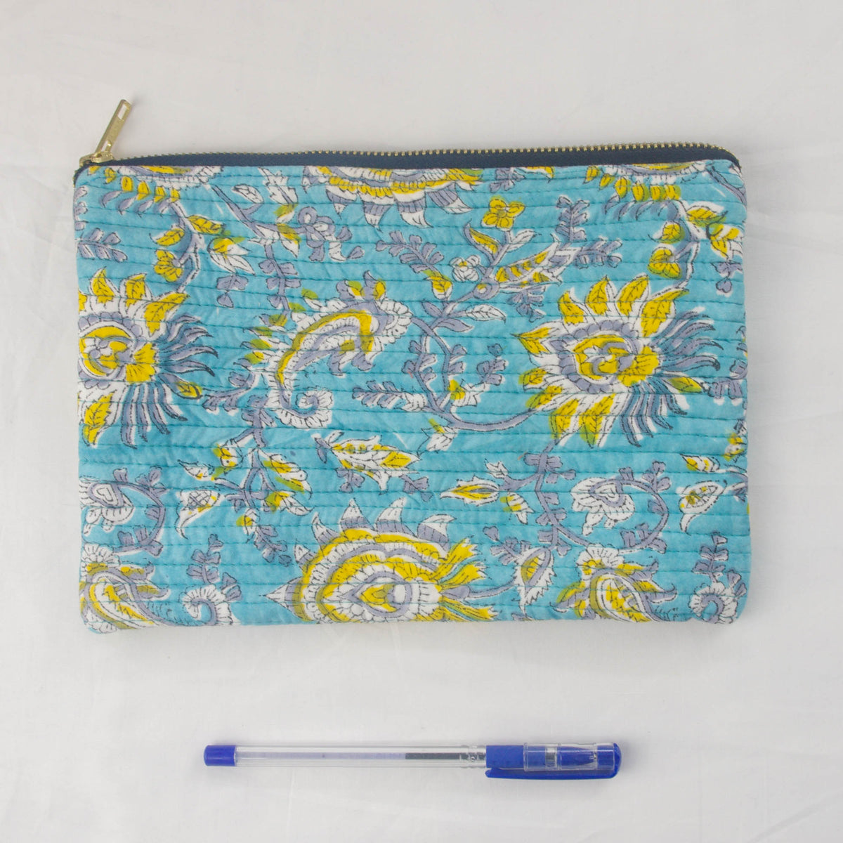 Block Print Makeup Pouch or Pencil Case- Blue Yellow Paisley